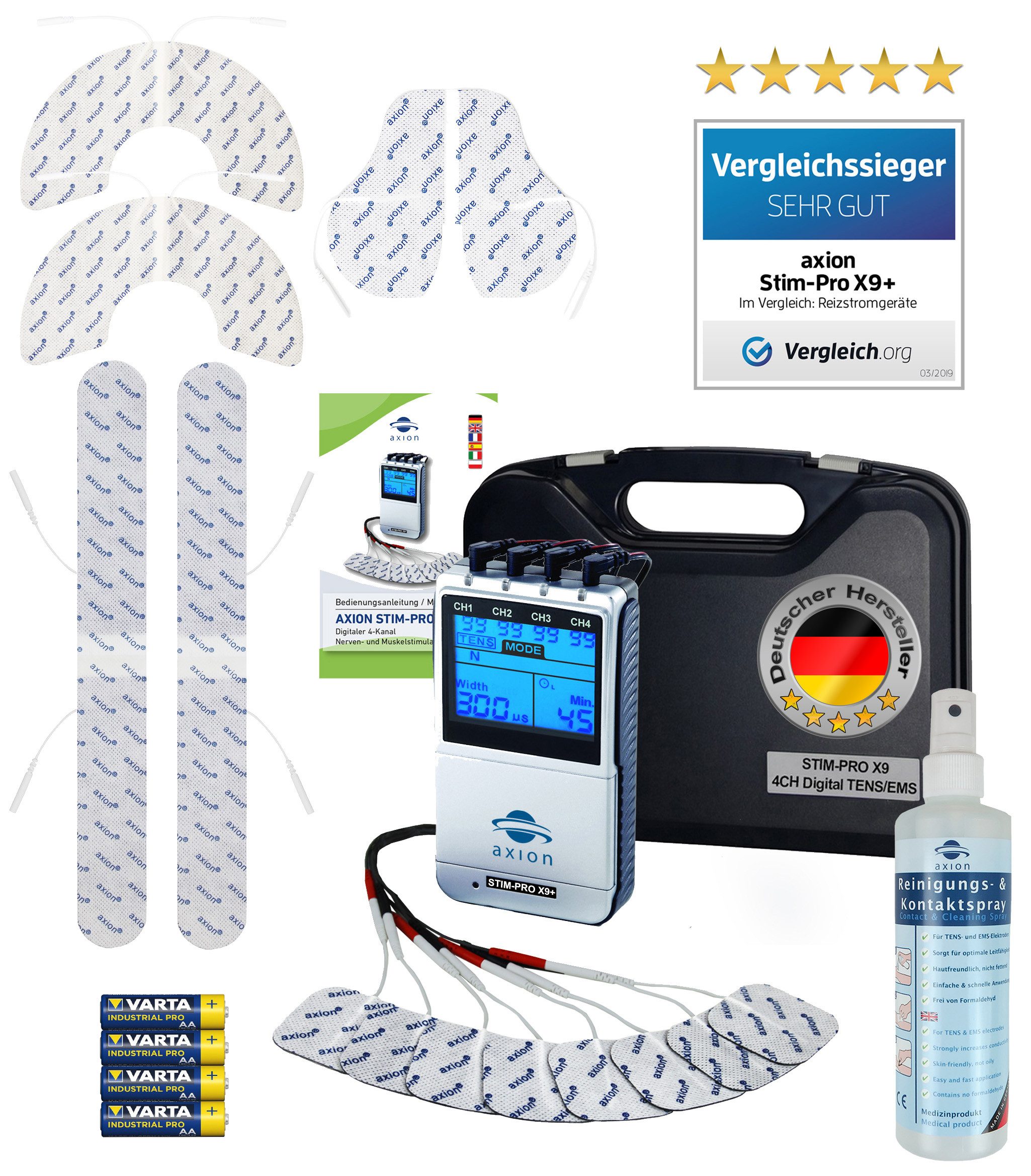 Axion TENS-EMS-Gerät 4 Kanal STIM-PRO X9+ TENS Gerät, TENS Schmerztherapiegerät, (Spar-Set), MEDIZINPRODUKT, EMS Muskelaufbau, Massagegerät, Beckenbodentraining