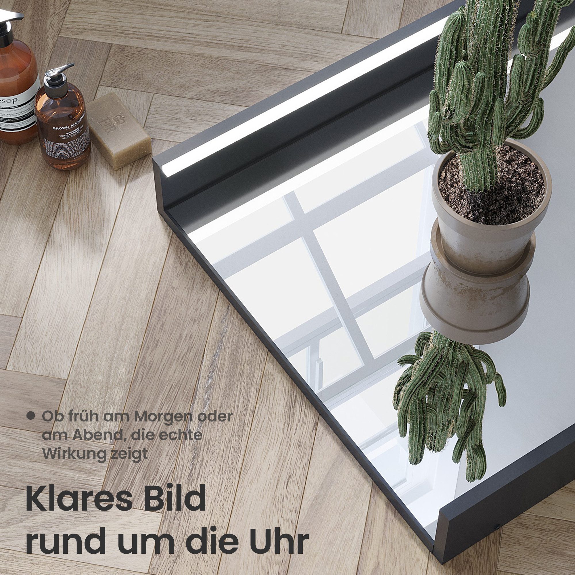 AQUABATOS Wandspiegel LED Spiegel Badezimmerspiegel schwarzer Badspiegel mit Beleuchtung, Lichtspiegel mit Energiesparmodus, Mattschwarzer Aluminiumrahmen