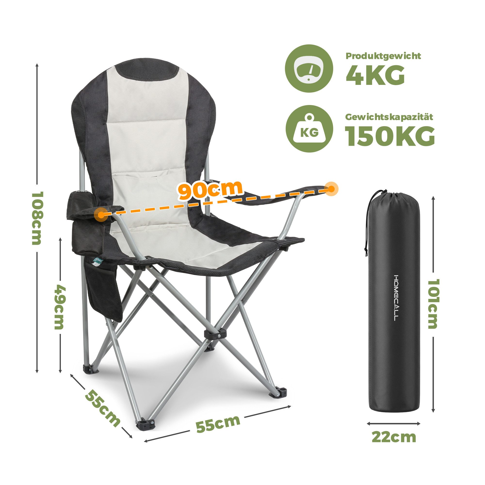 HOMECALL Campingstuhl Hochlehner Klappstuhl Gartenstuhl Angelstuhl mit Angenehme Polsterung (Packung, 1 St), bis 150KG, mit Seitentaschen und Getränkehalter für Camp Garten Balkon