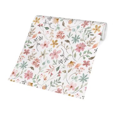 Bilderdepot24 Mustertapete Blumen Muster Aquarell Floral Illustration pastell moderne Wanddeko, Glatt, Matt, (Inklusive Gratis-Kleister oder selbstklebend), Wohnzimmer Schlafzimmer Küche Flur Motivtapete Vliestapete Wandtapete