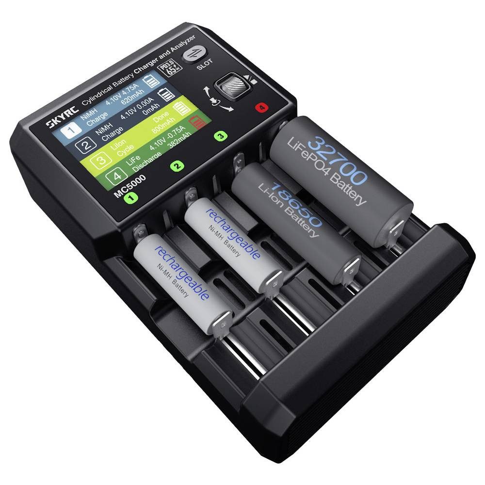 SkyRC Ladegerät LiIon, Li-ion HV, LiFe, NiMH, NiCd, eneloop, NiZn, RAM, LTO, Rundzellen-Lader (Delta V, Einlaufen, Zyklus, Auffrischen, USB PC Link, App-Steuerung)