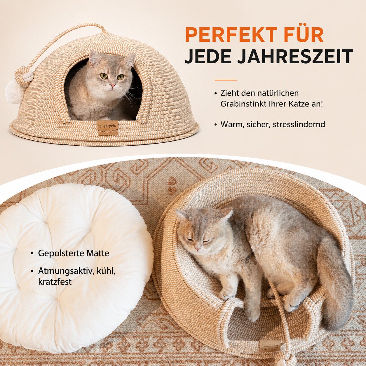 CheerPals Tierbett Formstabile 2-in-1 Katzenhöhle (53cm) aus kratzfestem Garngeflecht, Vliesstoff