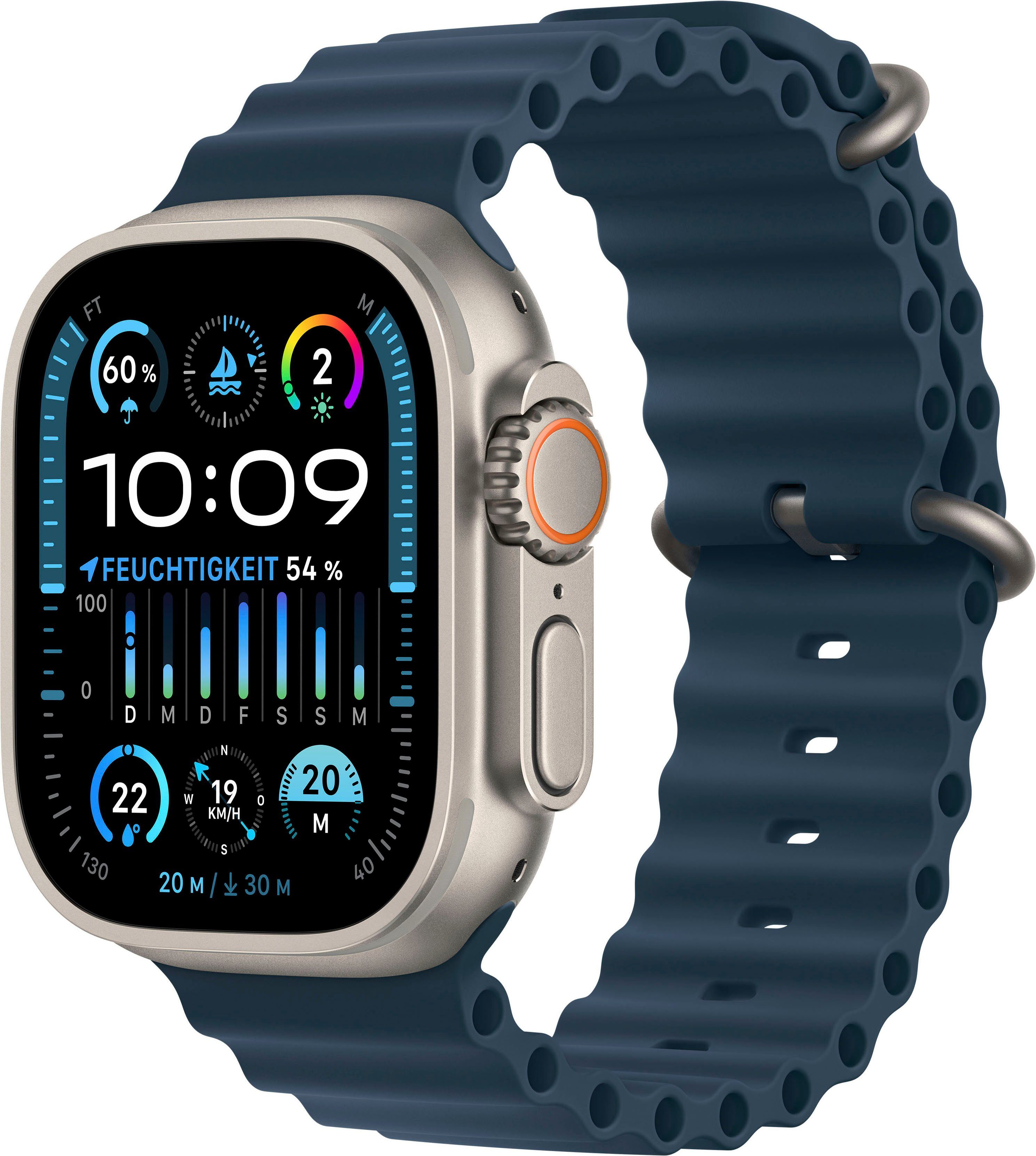 Apple Watch Ultra 2 GPS 49 mm + Cellular Titanium Smartwatch (4,9 cm/1,92 Zoll, Watch OS 10), Ocean Band blau | Titanium/Blue Ocean | Apple Watch