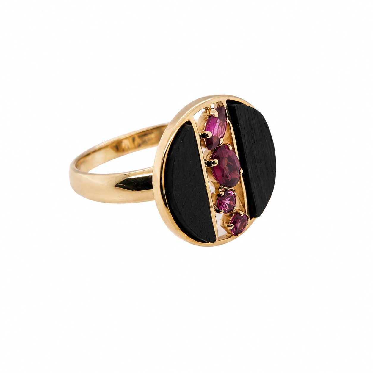 Sogni d'oro Fingerring "Nachtrose" mit Schiefer und Rhodolith, Silber 925 vergoldet