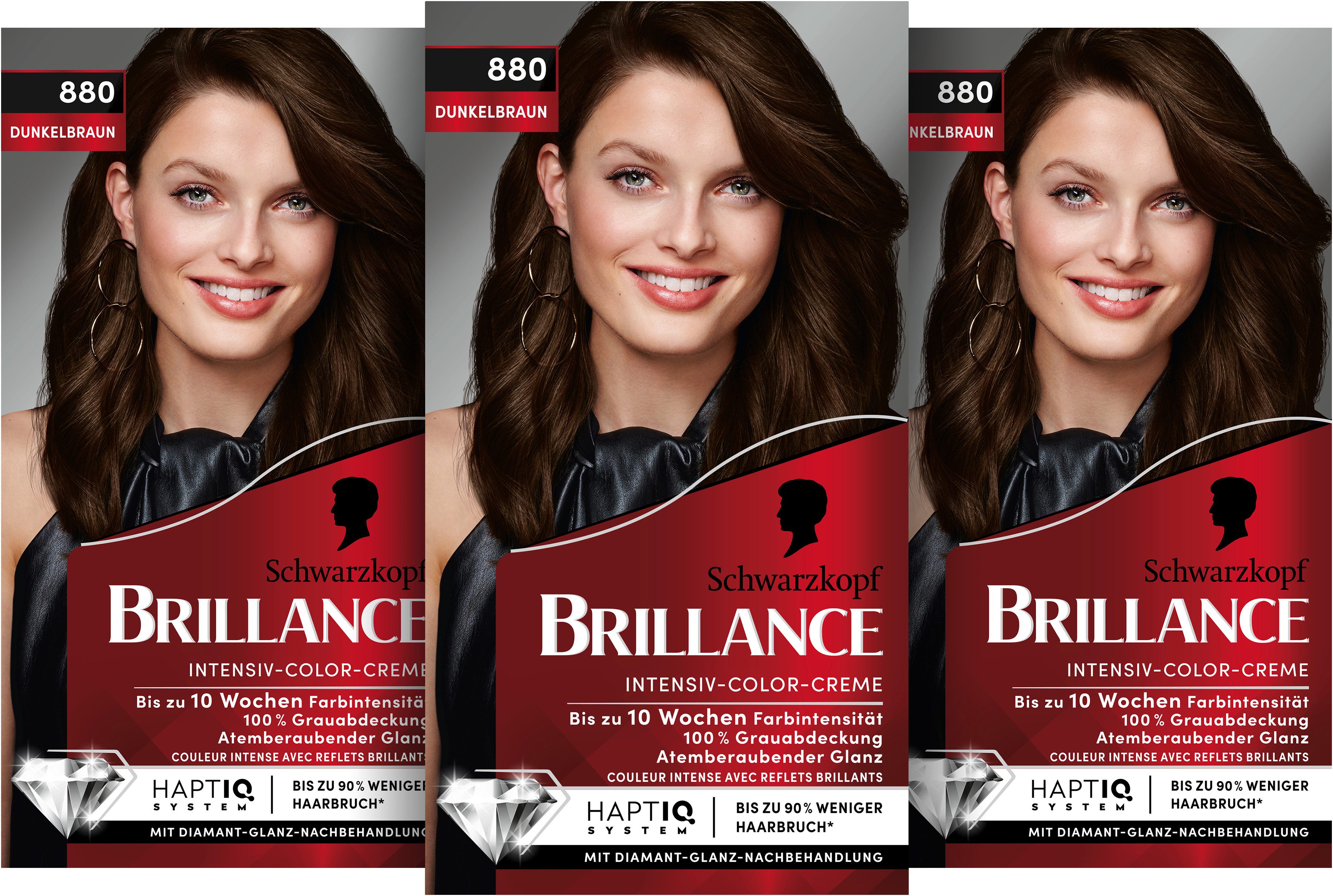 Schwarzkopf Haarfarbe BRILLANCE Intensiv-Color-Creme 880 Dunkelbraun, Spar-Pack, 3-tlg., mit Diamant-Glanz und Pflege-Conditioner, für 10 Wochen Farbintensität
