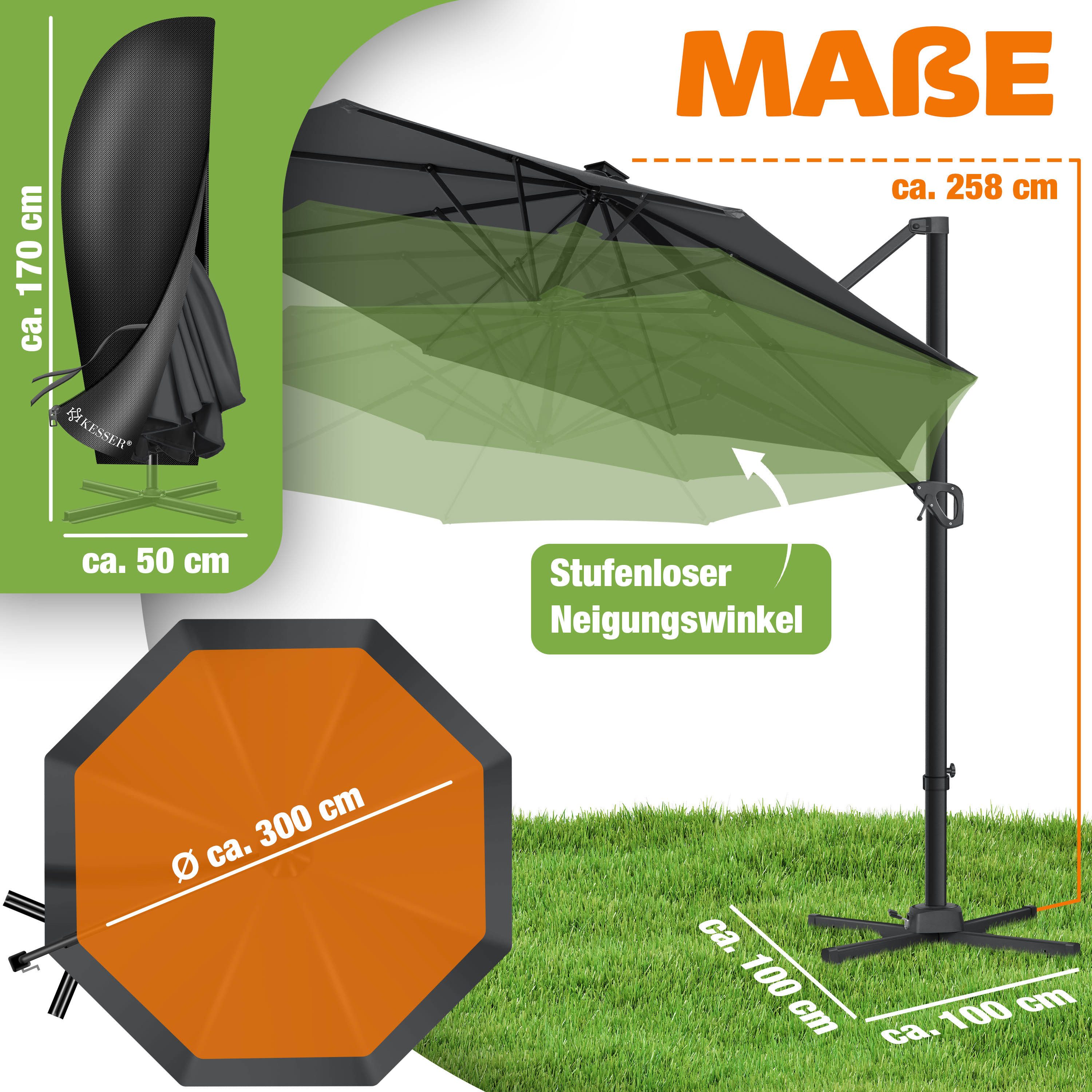 KESSER Ampelschirm, Sonnenschirm SUN Rund XL Ø330 cm 360° Drehbar inkl. Abdeckung