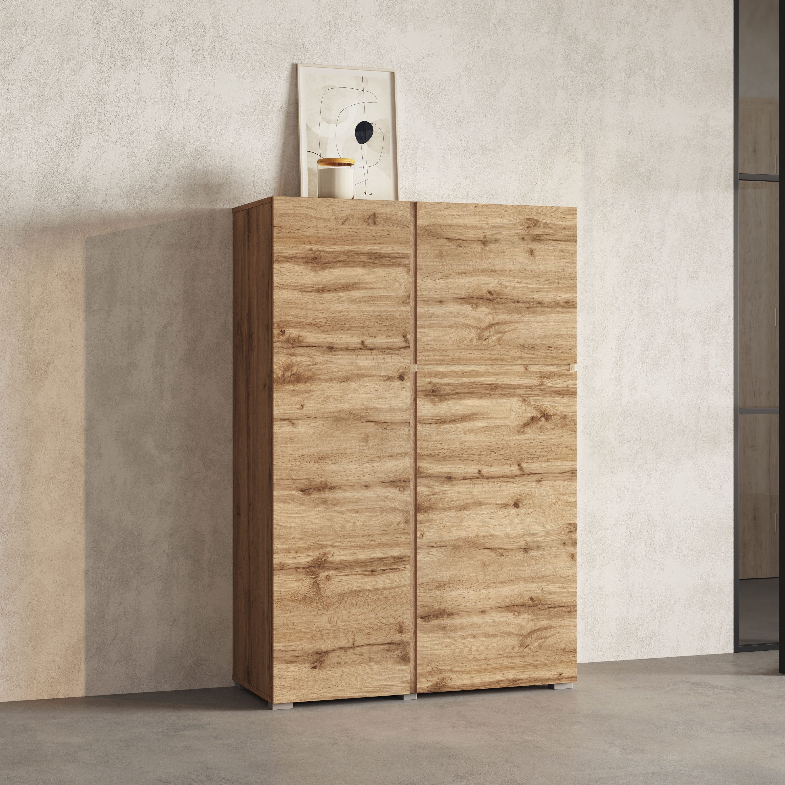 Highboard Asymetric, Breite 92 cm, moderne grifflose Hochkommode mit 3 Türen