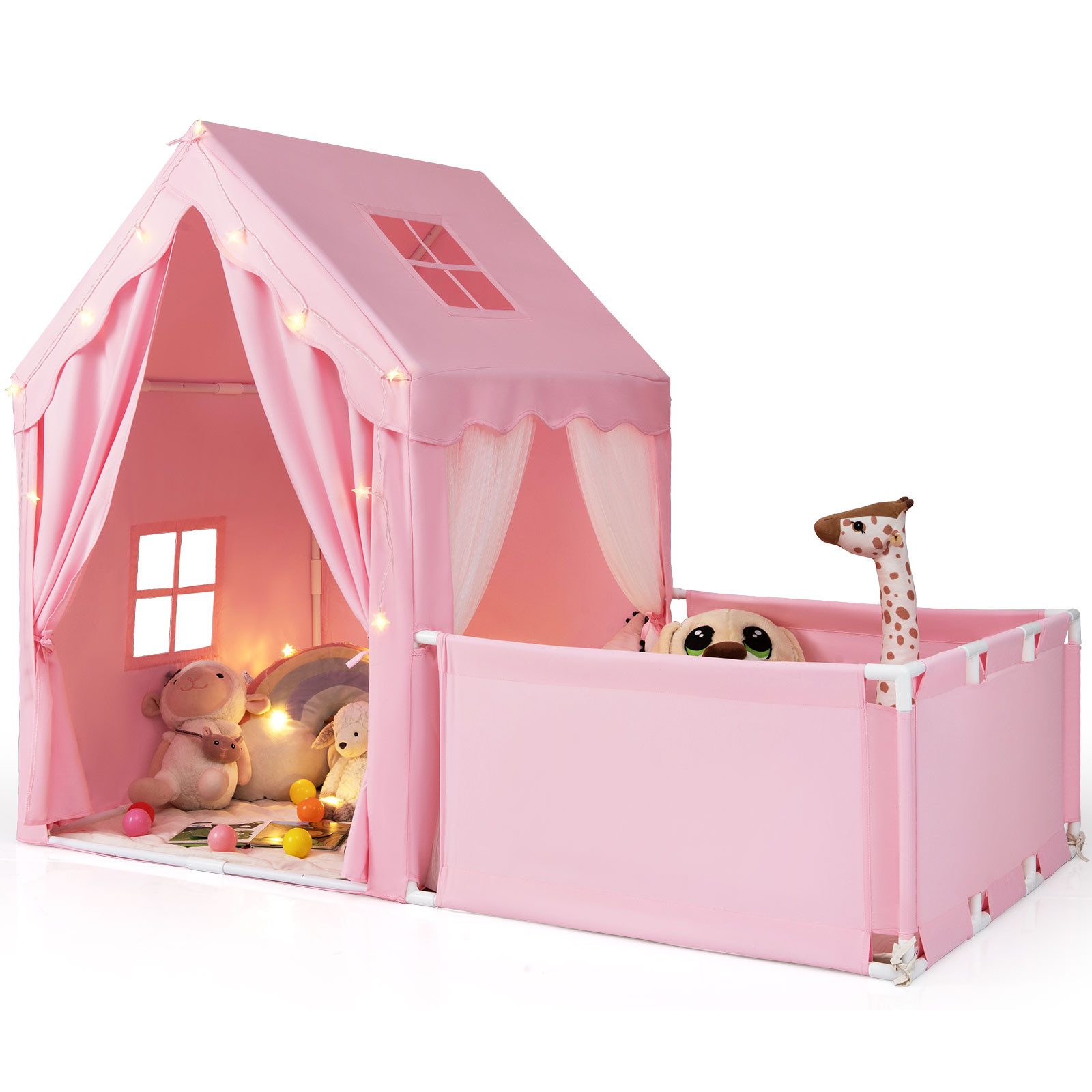 COSTWAY Spielzelt Kinderspielzelt mit abnehmbarem Zaun, Kinderspielhaus