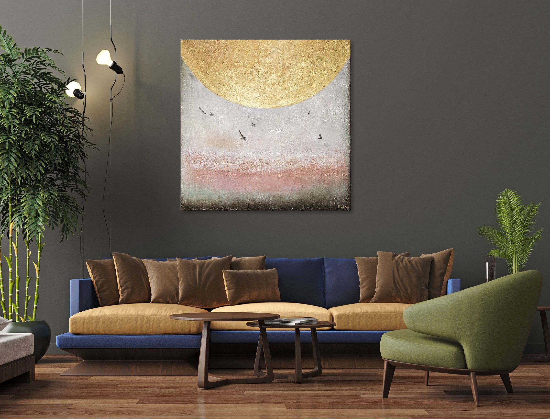 YS-Art Gemälde Sonnenenergie II, Landschaft, Handgemalt Vögel Goldene Bild Ohne Abstrakt Leinwand Sonne Schattenfugenrahmen