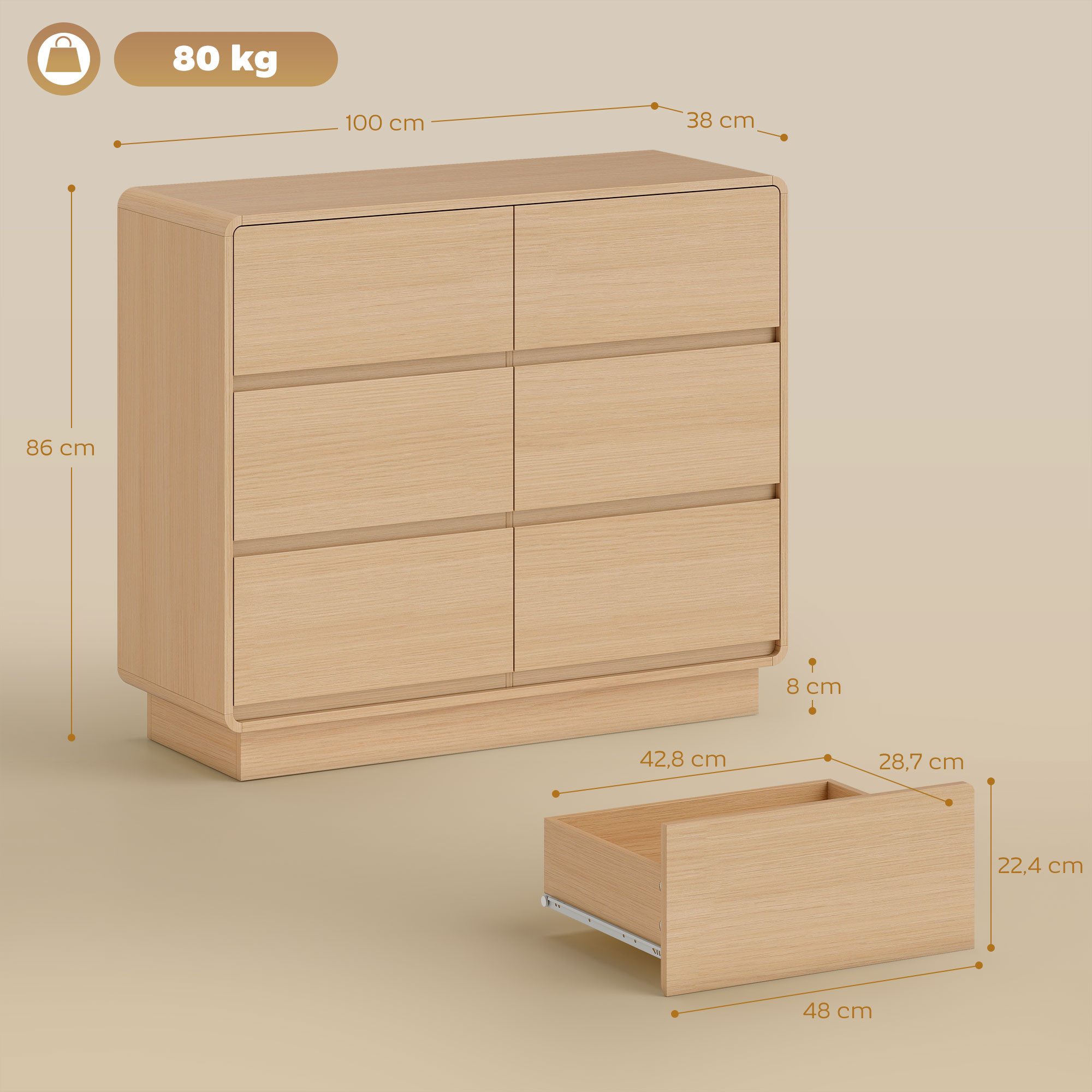 HOMCOM Sideboard Beistellschrank Küchenschrank 6 Schubladen abgerundete Kanten (Kommode, 1 St., 100 cm Aufbewahrungsschrank), für Wohnzimmer, Küche, Esszimmer,  – Bild 3 von 5