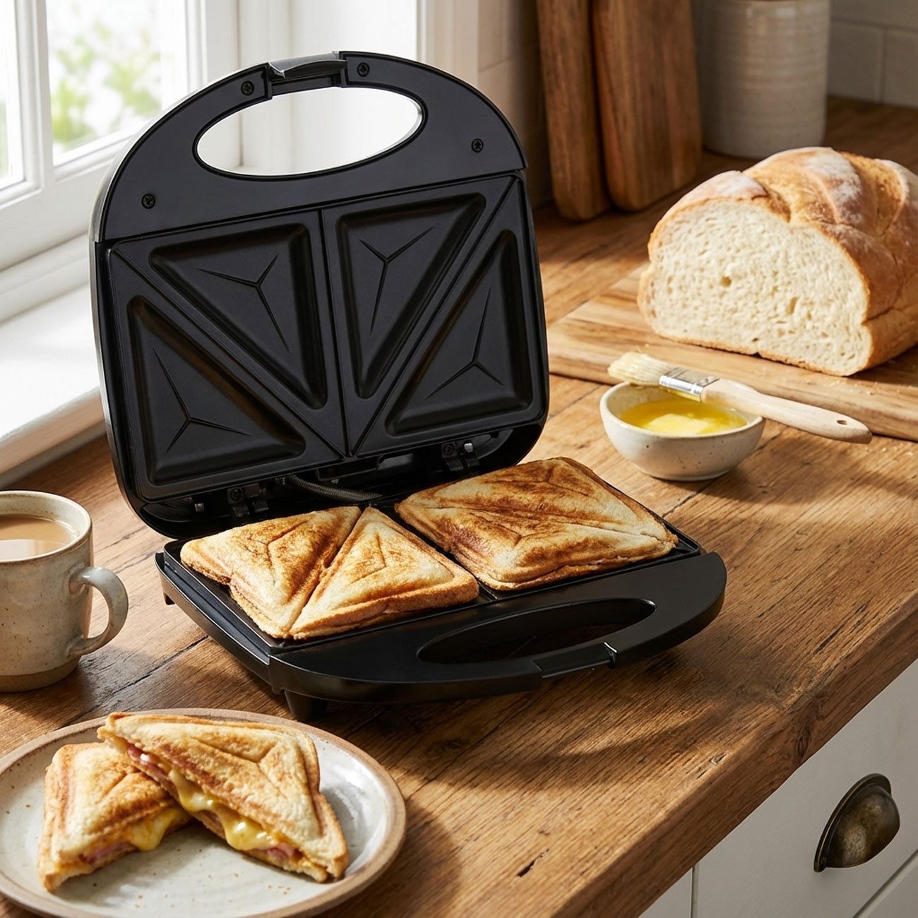 Casativo Sandwichmaker Sandwichmaker für 2 Sandwiches Antihaftplatte & Cool-Touch-Griff, 750 W, rutschfeste Füße, hitzebeständiges Gehäuse, beidseitig erhitzend