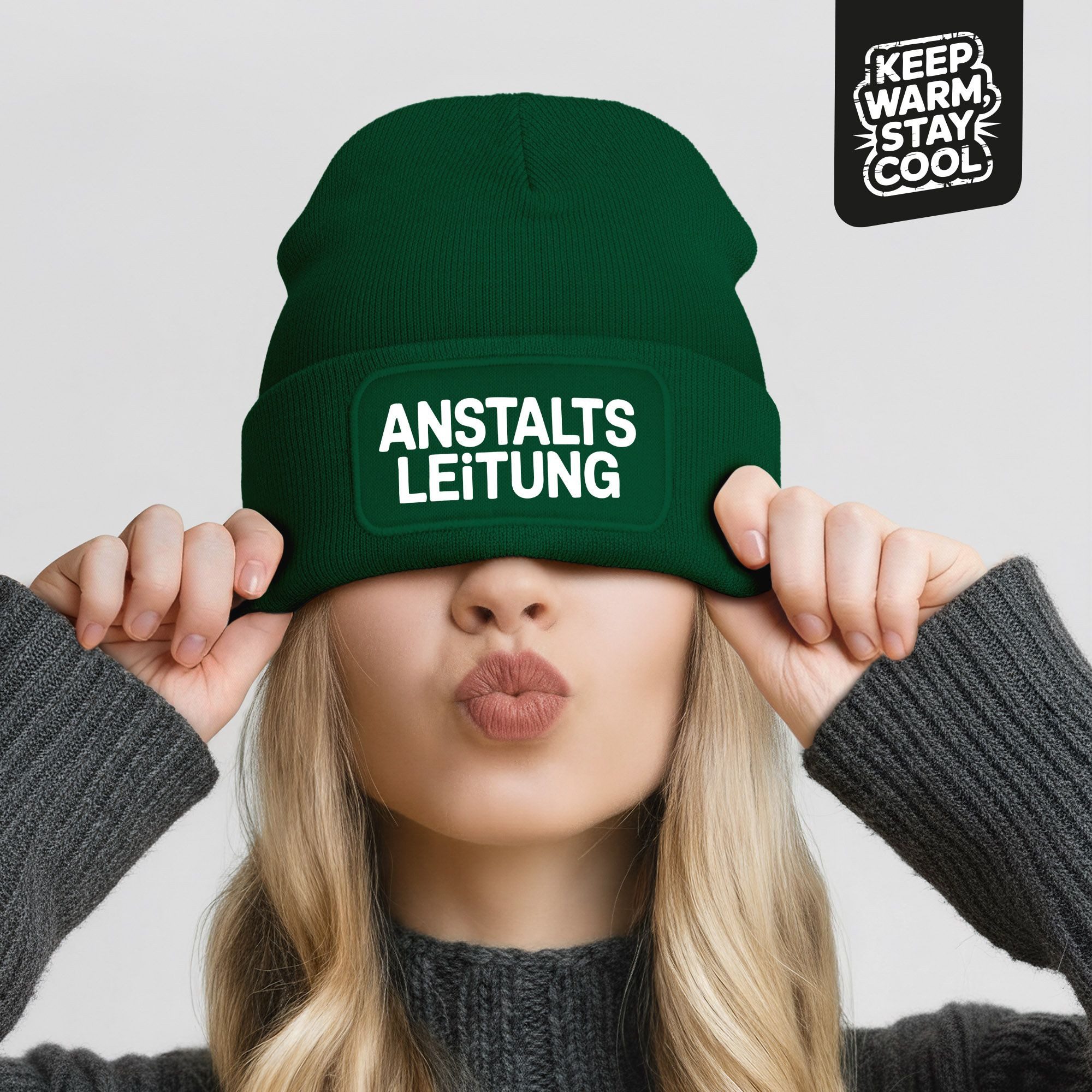 MoonWorks Strickmütze Damen Beanie Patch Bedruckt Lustig Anstaltsleitung Strickmütze mit