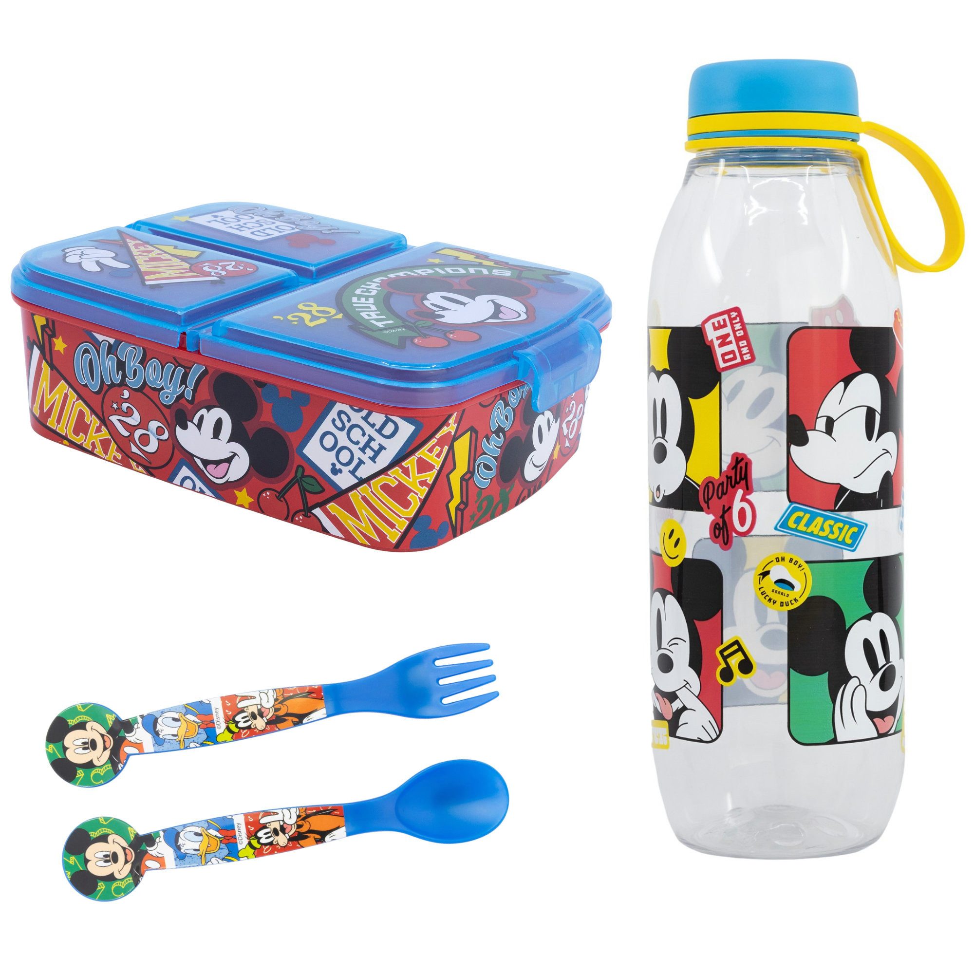 Disney Lunchbox Disney Mickey Maus 4 tlg Lunch Set Brotdose Trinkflasche Löffel Gabel, (4-tlg., Spar-Set), 650 ml