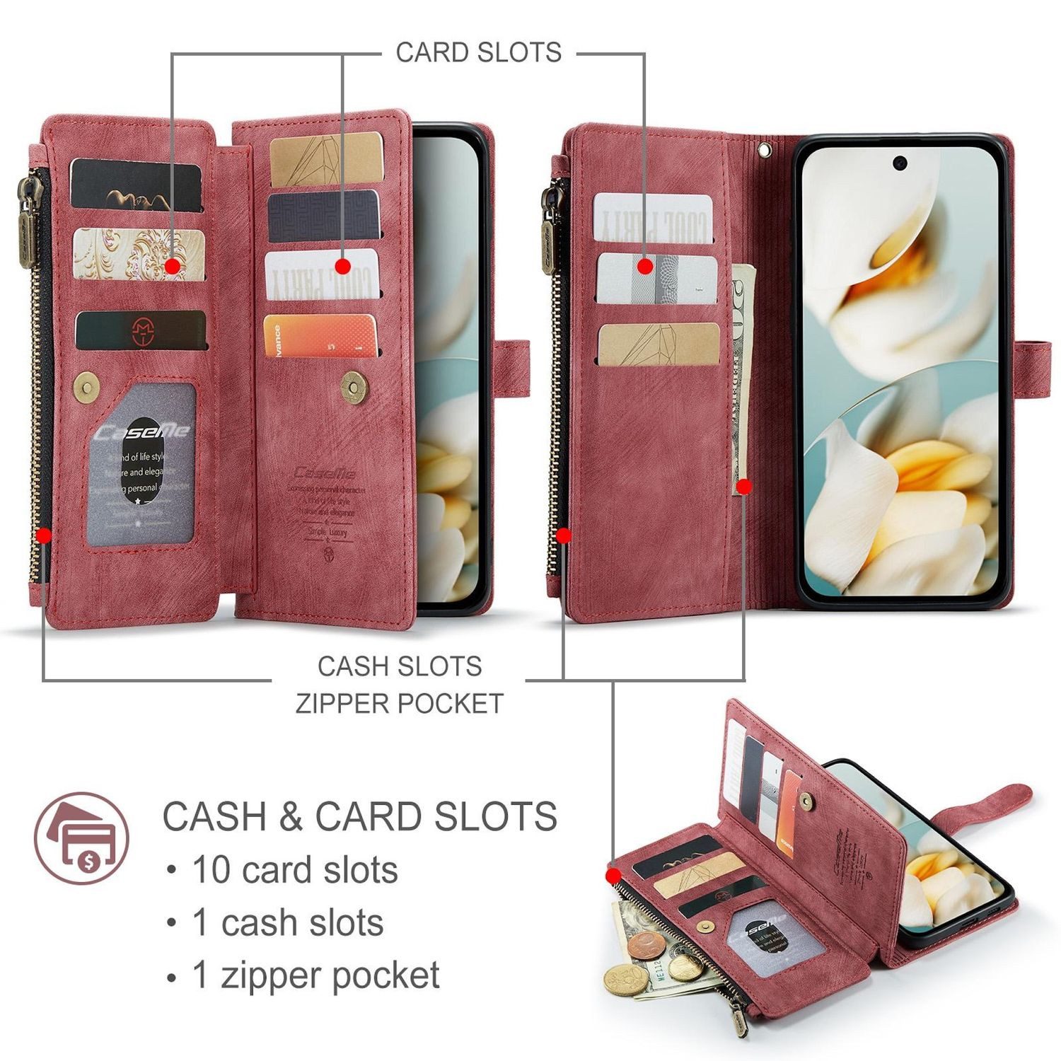 CaseMe Handyhülle Für Google Pixel 9a Kunstleder Multifunktion C30 Wallet Tasche Rot, Kunst-Leder Schutz Tasche Smart Case Multifunktion