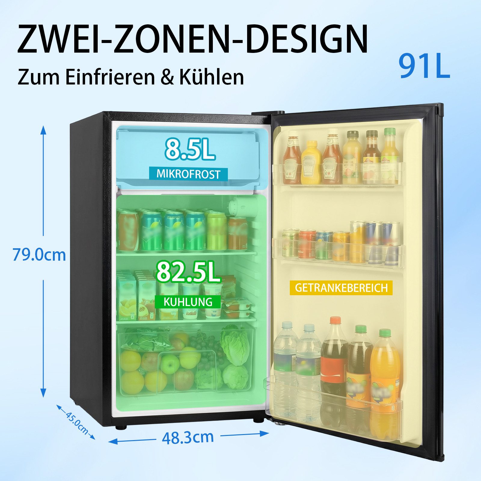 DollarDash Kühlschrank 90,8L, 7-stufig einstellbarer Thermostat,geräuscharm, energiesparend BC-90, 79.8 cm hoch, 45 cm breit, Kompakter Mini-Kühlschrank mit Gefrierfach