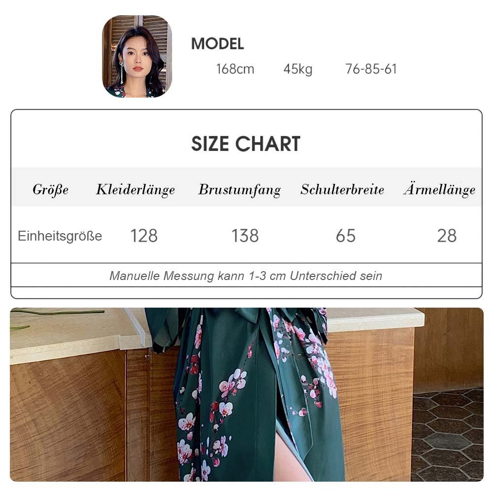 Vivi Idee Morgenmantel Schlafmantel Bademantel kimono lang leicht satin Einheitsgröße, Prunus mume