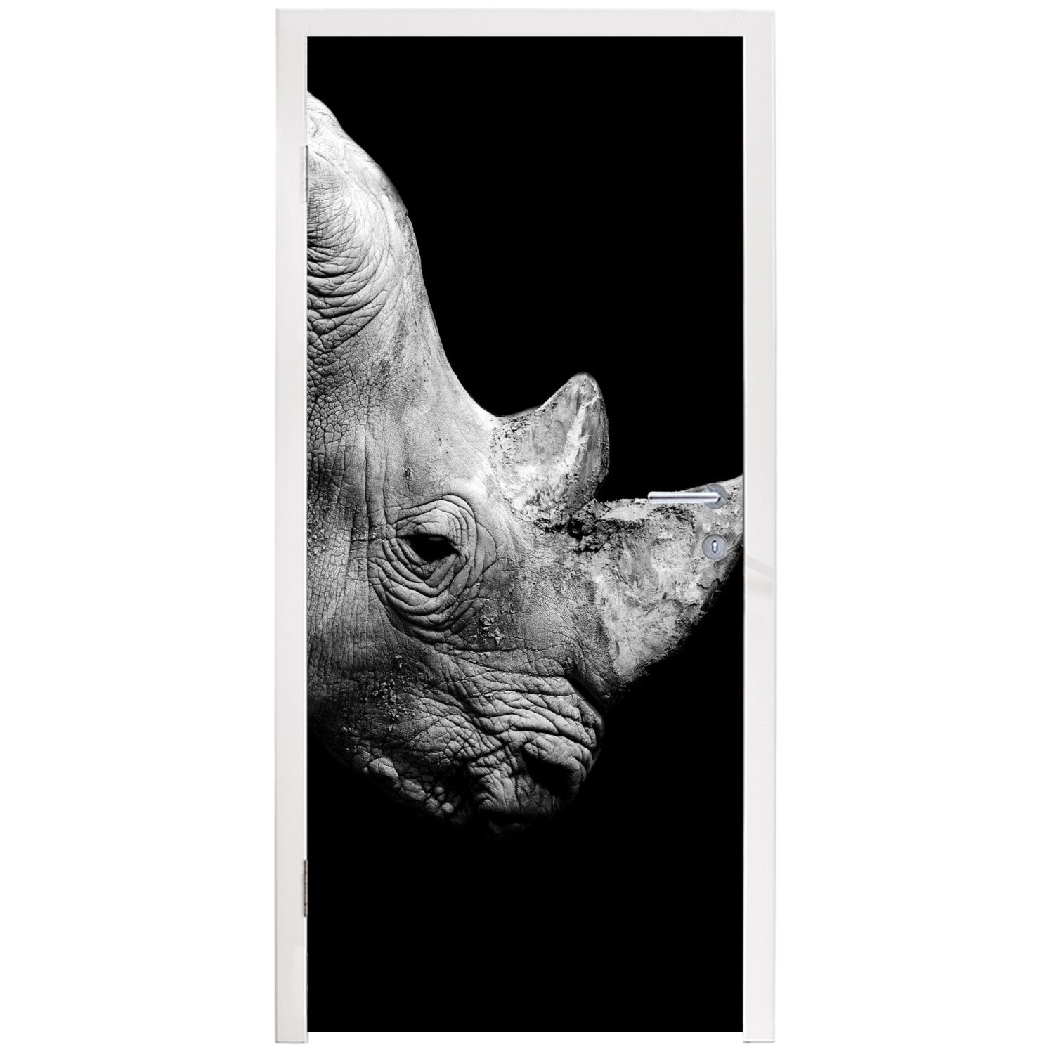 (1 Fototapete auf Portrait MuchoWow bedruckt, schwarzem cm Hintergrund, Türtapete Tür, Matt, Türaufkleber, St), 75x205 Nashorn für