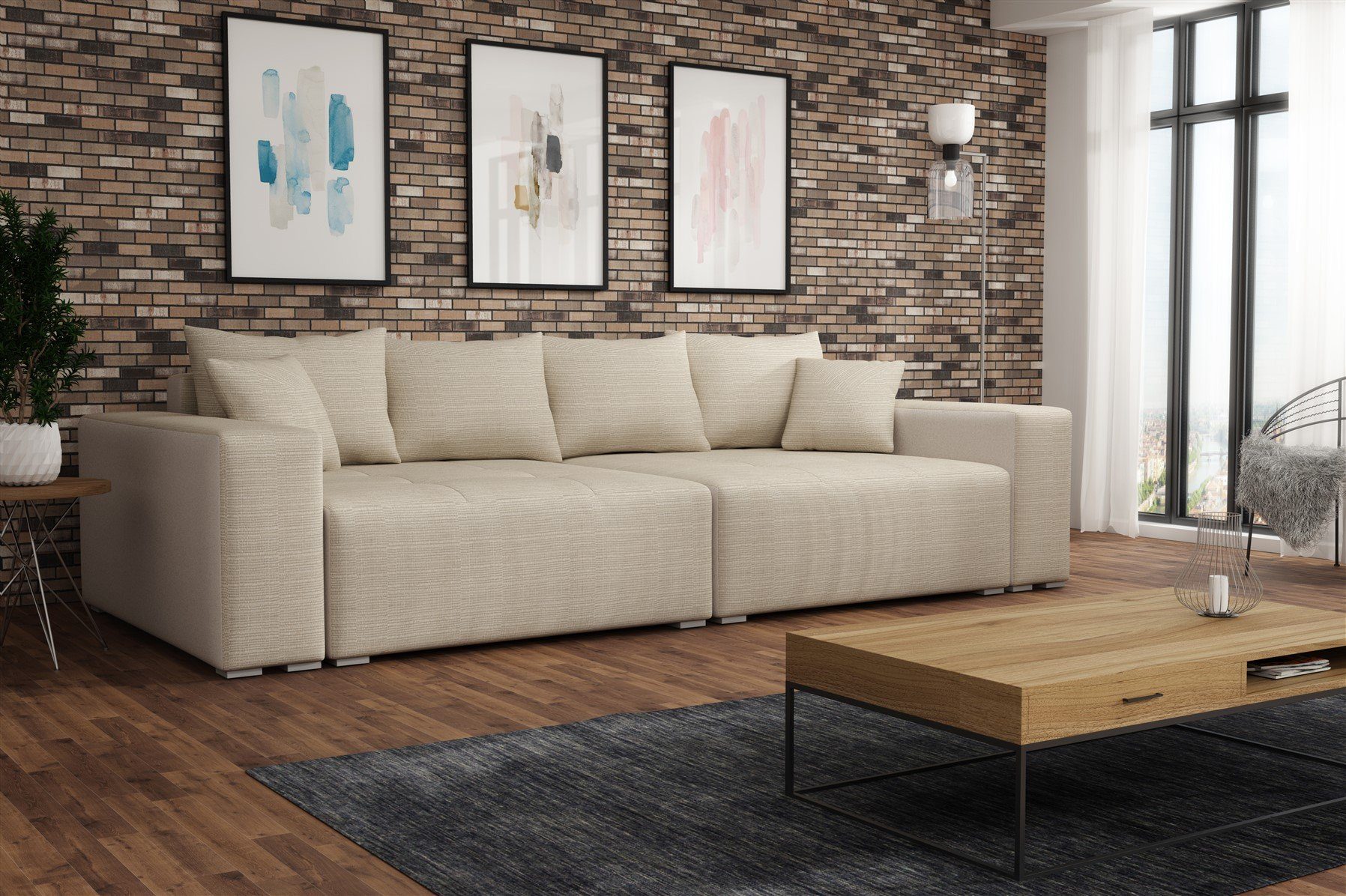 Fun Möbel Big-Sofa Big Couchgarnitur und Megasofa REGGIO Teile, und Sofa Schlaffunktion Beige-Beige Schlaffunktion, 1 Rückenkissen mit Bettkästen, mit Zierkissen inkl