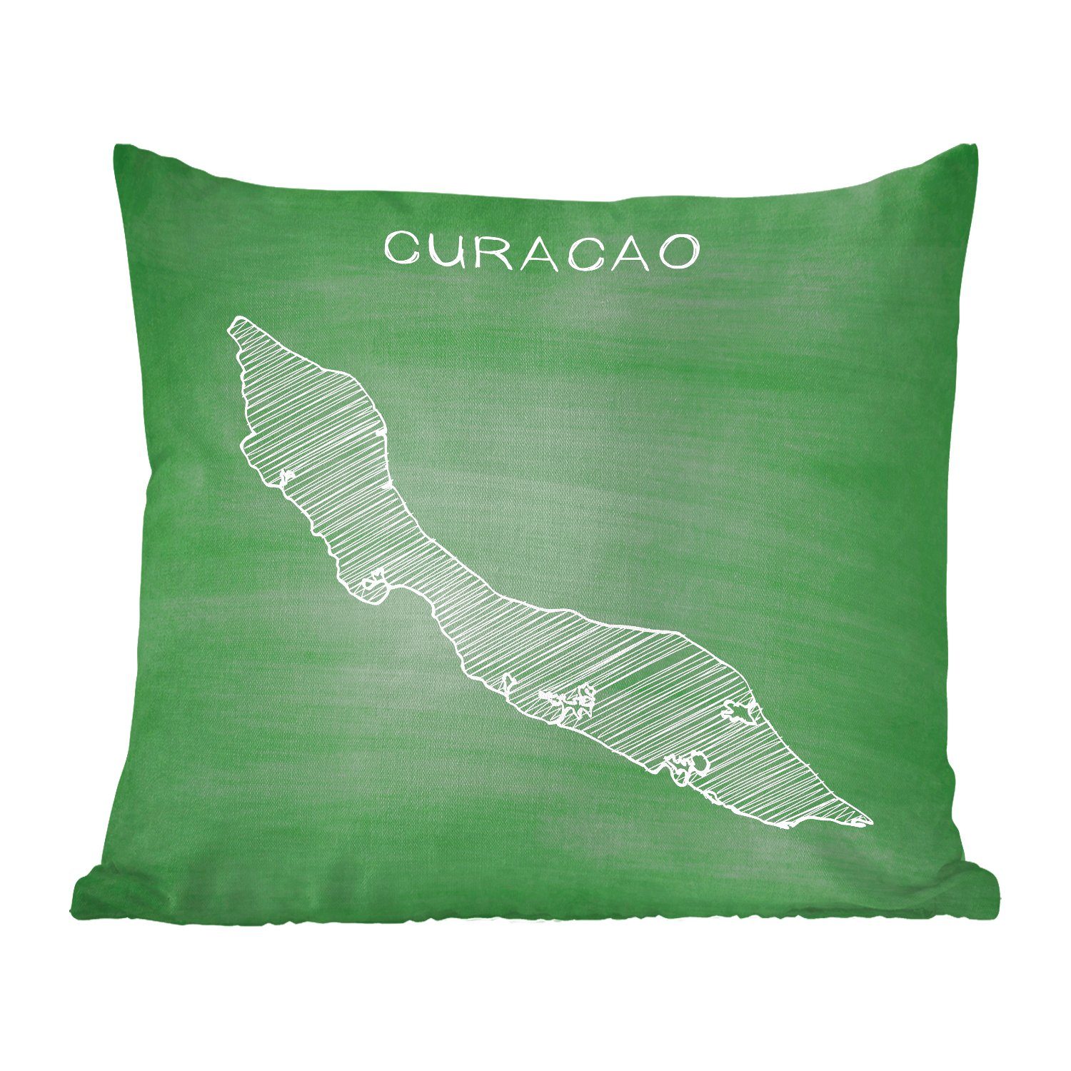MuchoWow Dekokissen Eine Illustration von Curaçao auf einer grünen Kreidetafel, Zierkissen mit Füllung für Wohzimmer, Schlafzimmer, Deko, Sofakissen