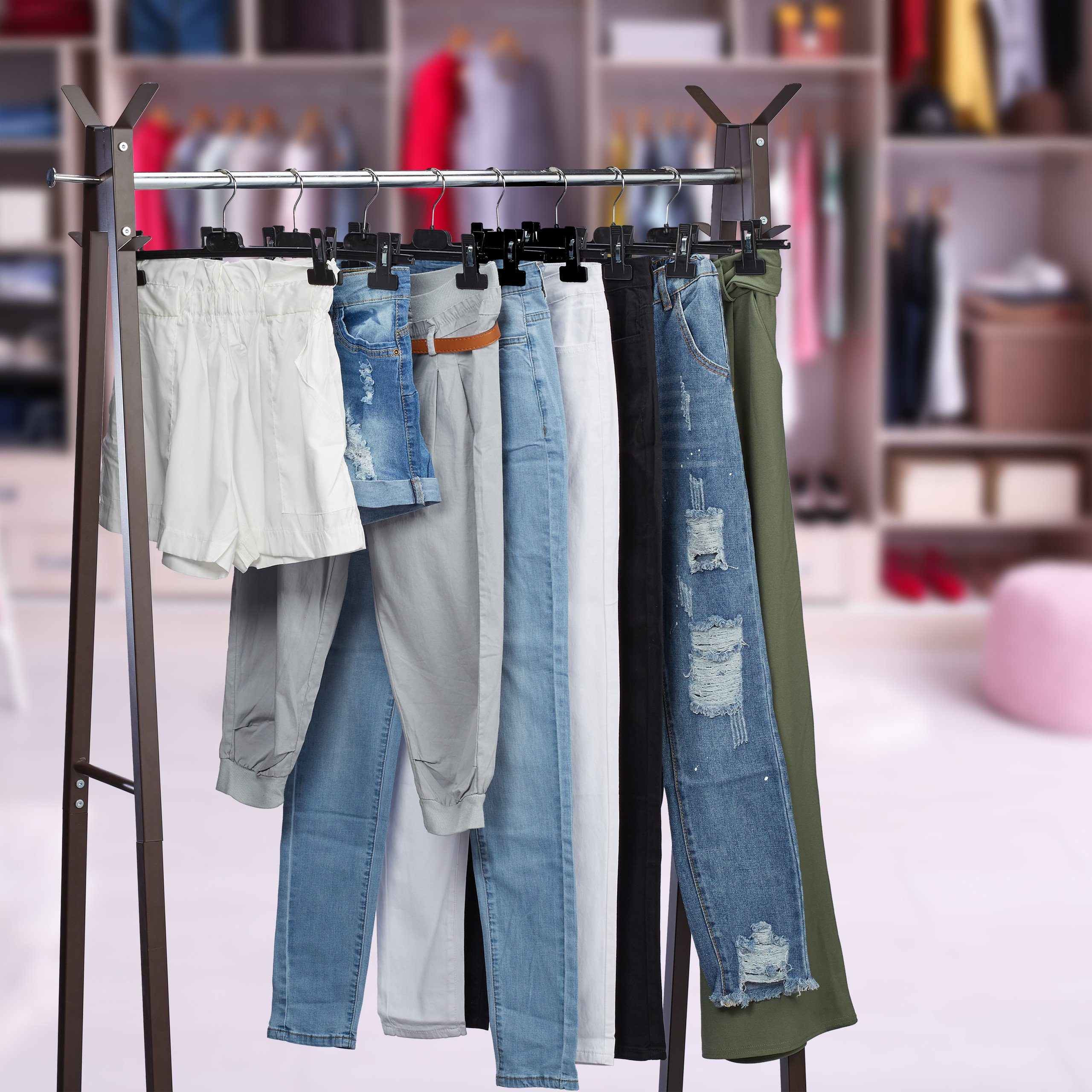 relaxdays Kleiderbügel Hosenbügel Kunststoff mit Clips 10er Set, schwarz günstig online kaufen