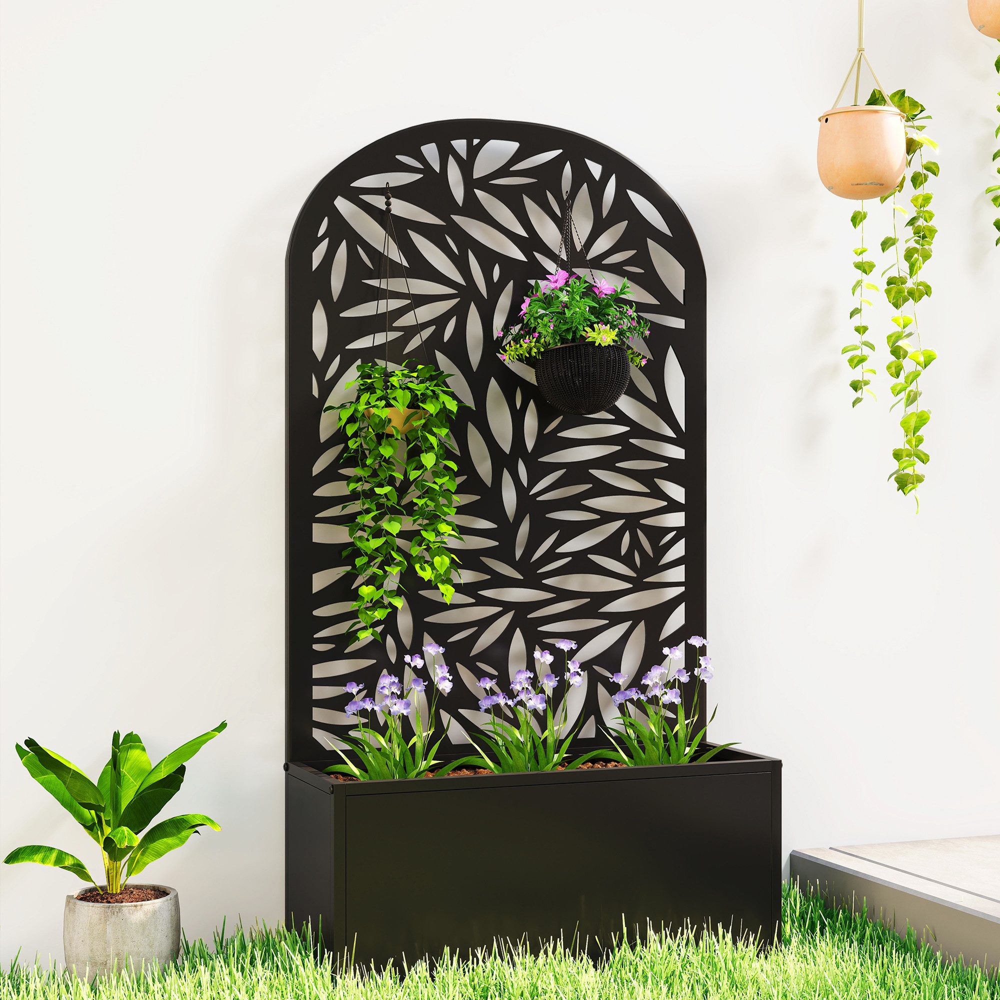 furnicato Hochbeet Blumenkasten mit Rankgitter 21 x 58 cm Schwarz, Pulverbeschichtetes Pflanzbeet mit 29L Volumen für den Garten