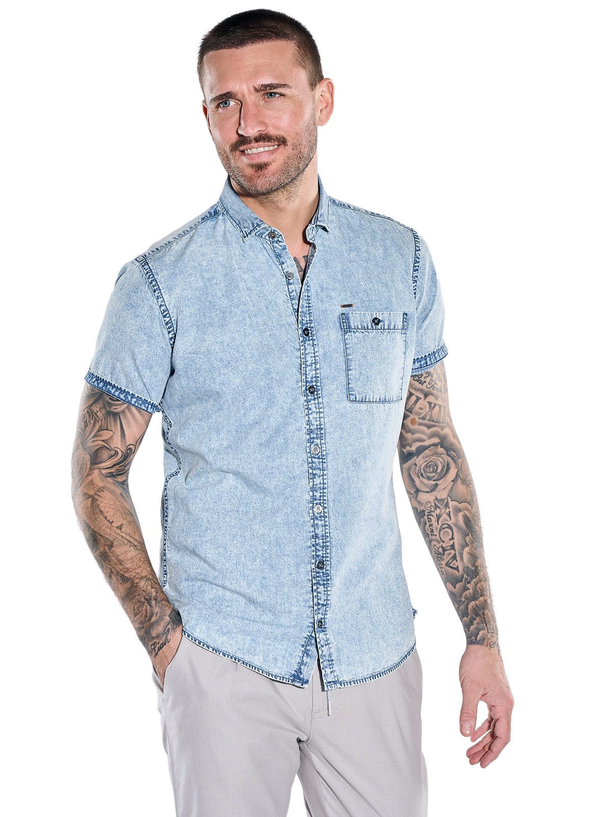 emilio adani Kurzarmhemd Herren Kurzarmhemd aus Denim-Qualität, Indigoblau