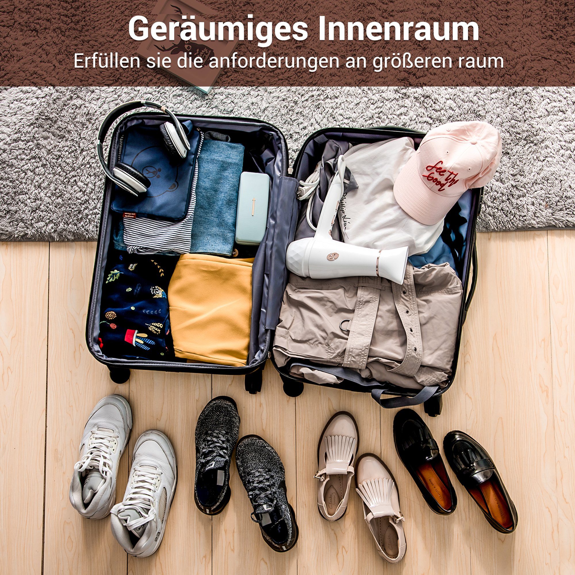 Set (3 Kofferset Handgepäck Reisekoffer Weiß+Braun Flieks Rollen, 4 Trolleyset, tlg), Hartschalentrolley