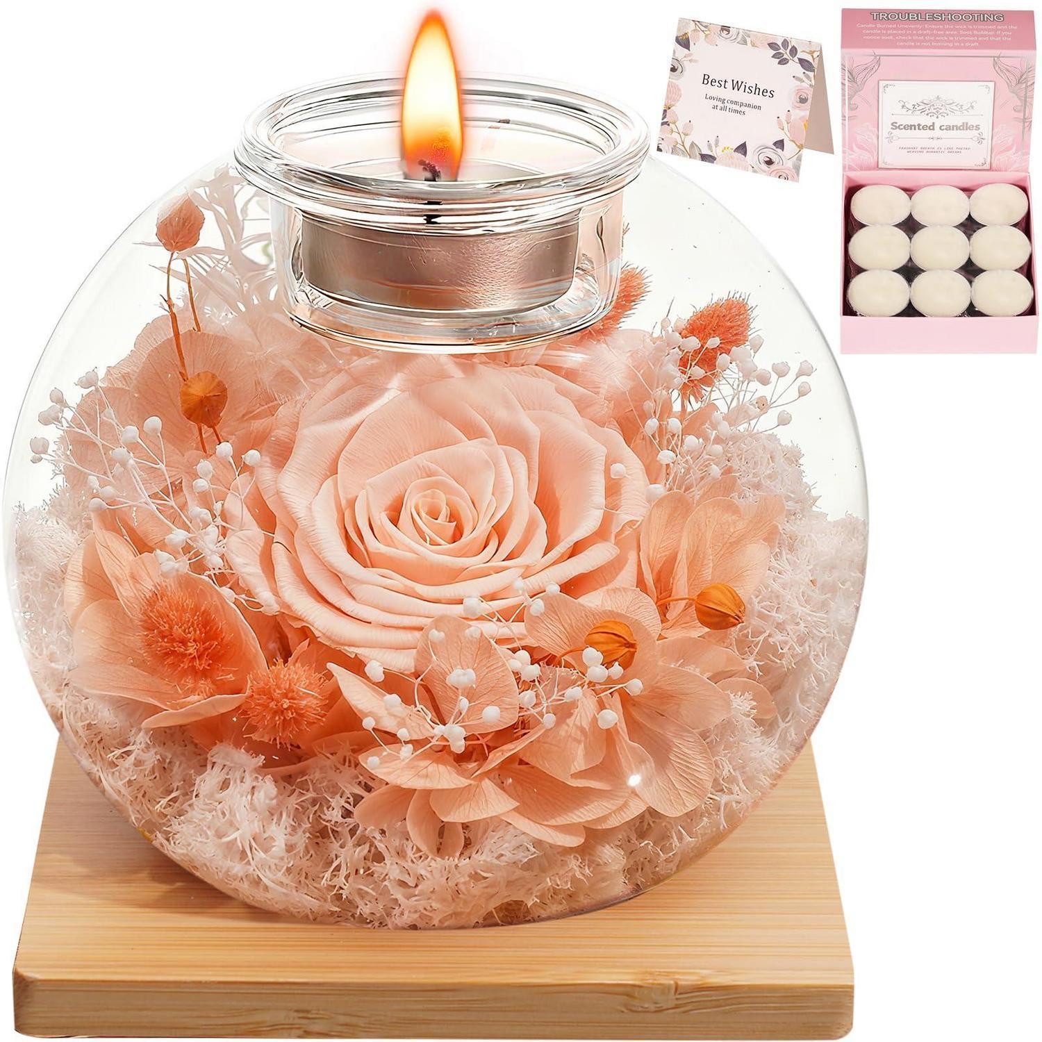 Trockenblume Ewige Rose im Glas mit Duftkerzen, LuxusKollektion, Höhe 19 cm, Pampasgras