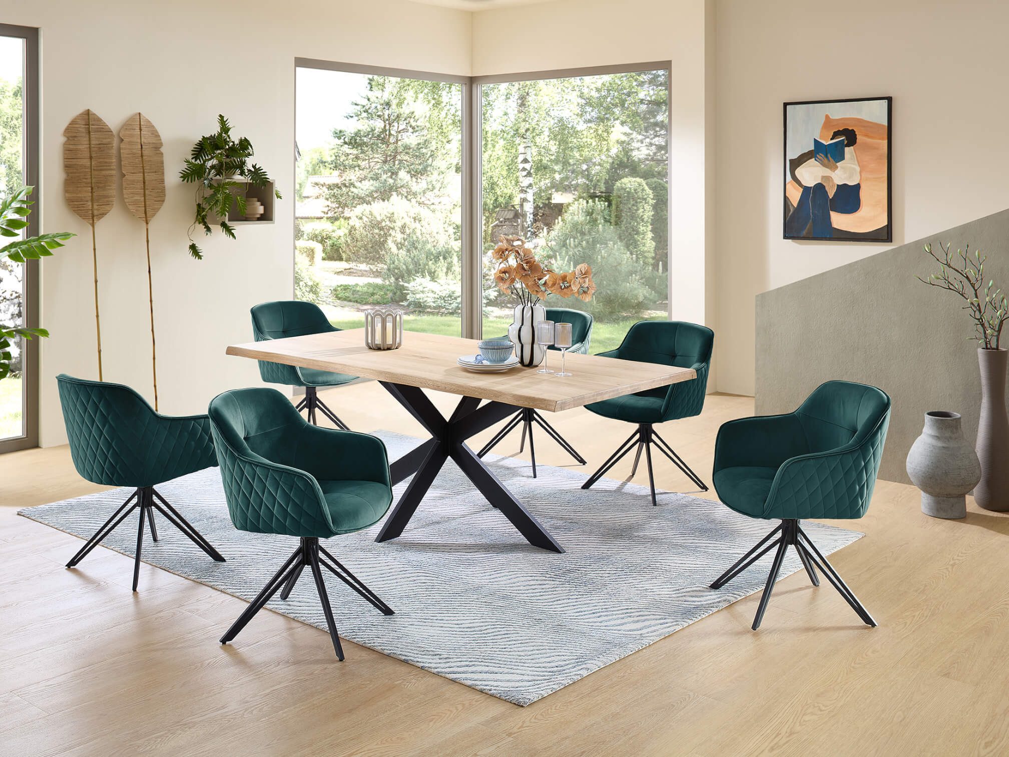 moebel-dich-auf Esszimmer-Set TORANO, (Esstisch aus Eiche Massivholz mit Baumkante 200 cm breit, 1 Tisch, 4 oder 6 Stühle), Sitzgruppe mit Samtbezug und Diamantsteppung