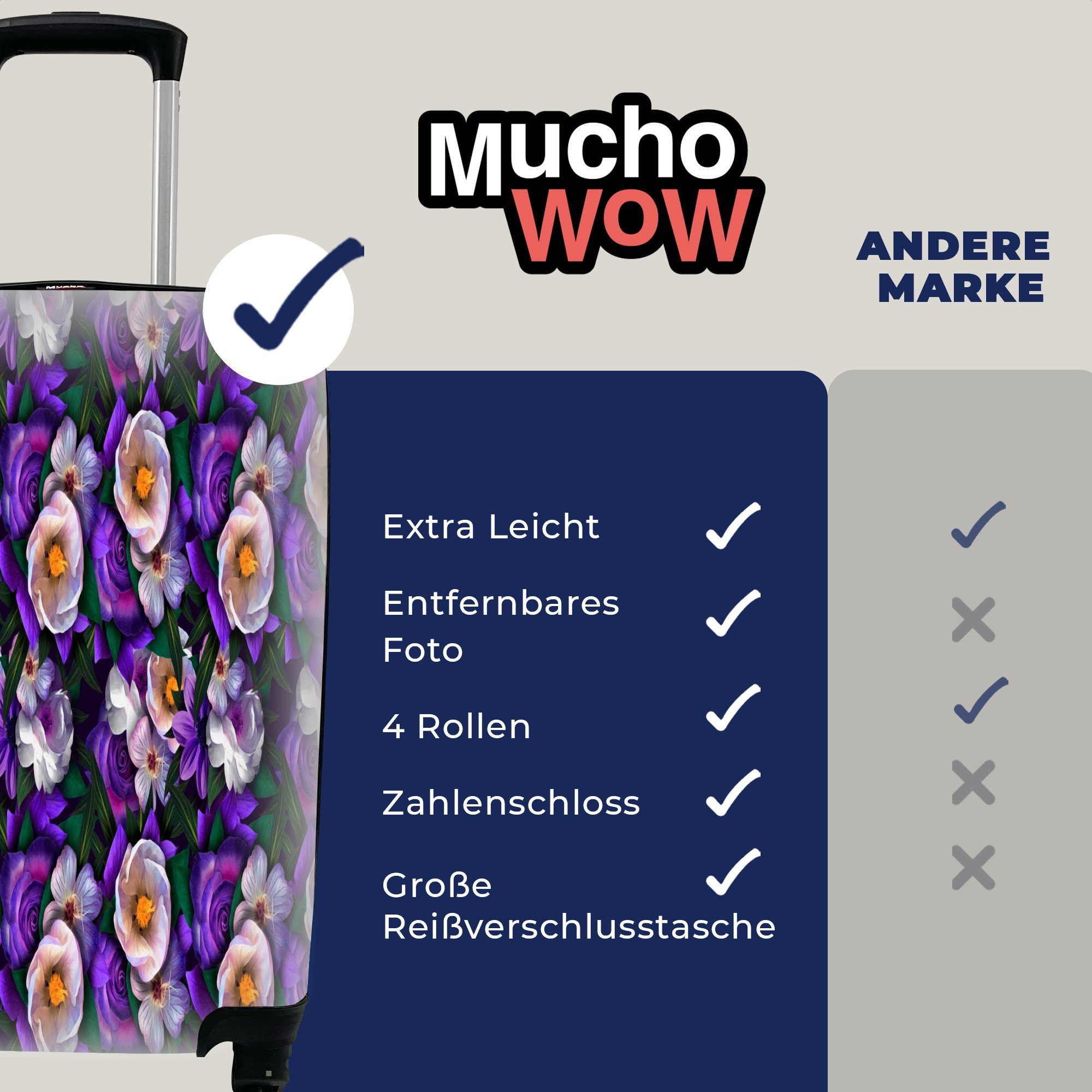 Reisetasche für Trolley, mit Reisekoffer Lila Handgepäck 4 Muster, Handgepäckkoffer rollen, - Ferien, Blumen MuchoWow Rollen, -