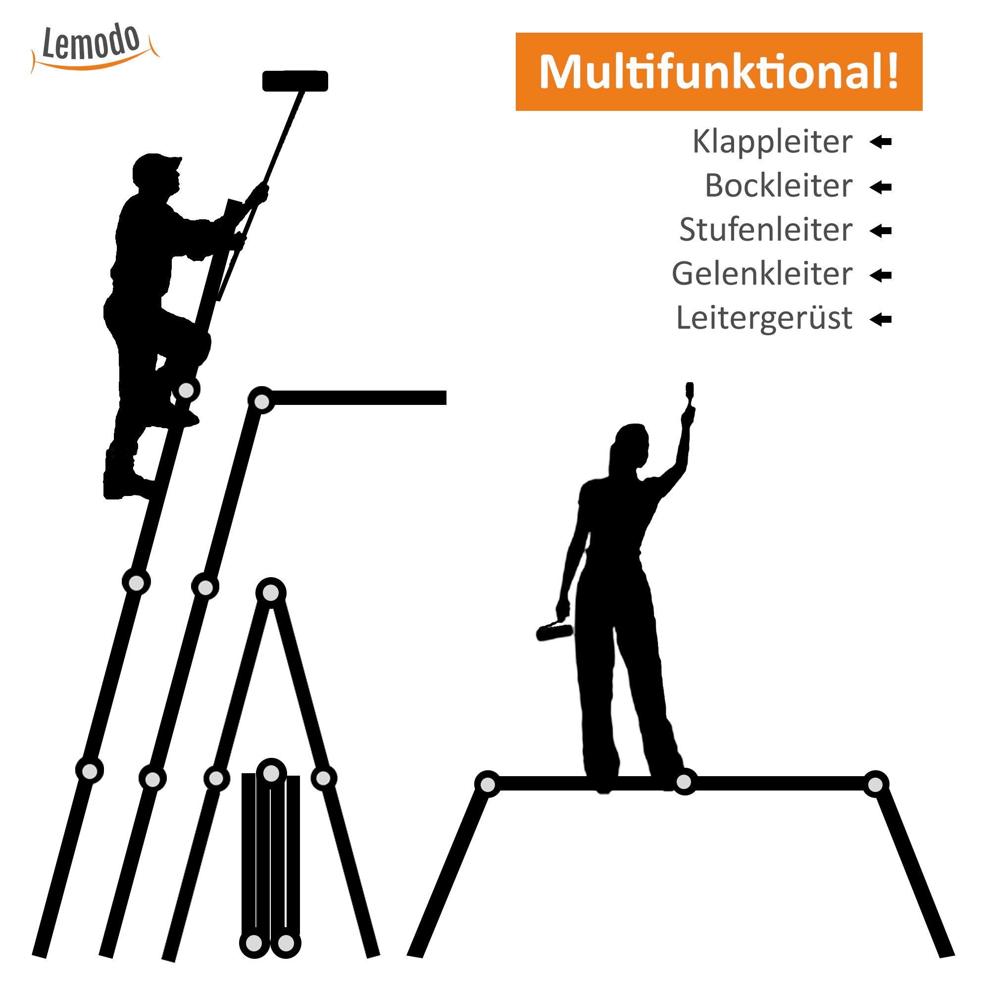 Lemodo multi-purpose aluminum folding ladder, 4-section, versatile, with platform inserts