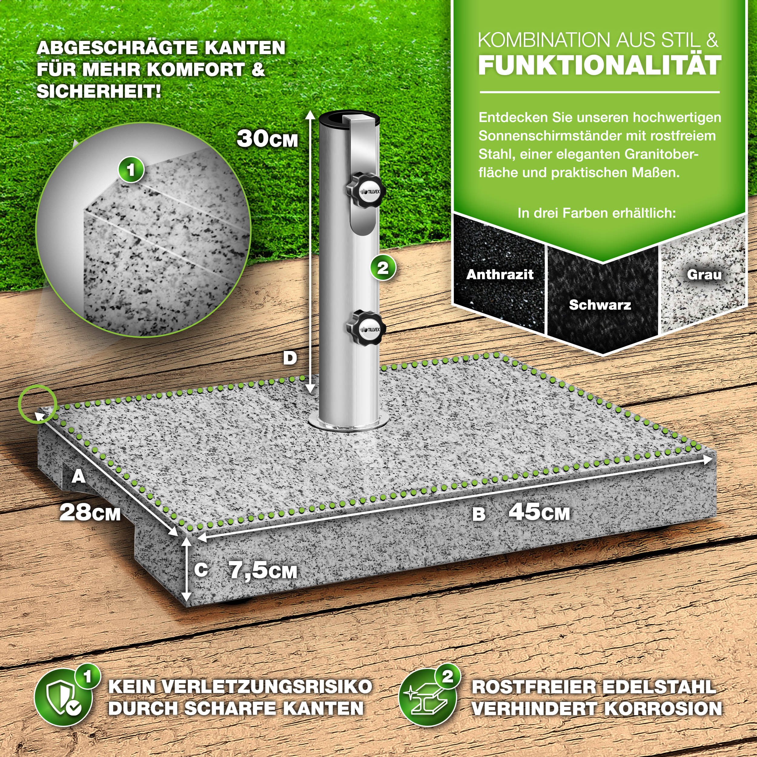 tillvex Sonnenschirm tillvex Granit Sonnenschirmständer, Balkonschirmständer für Schirmstöcke 16-48 mm & 300cm Schirmdurchmesser, Sonnenschirm, Granit Sonnenschirmständer