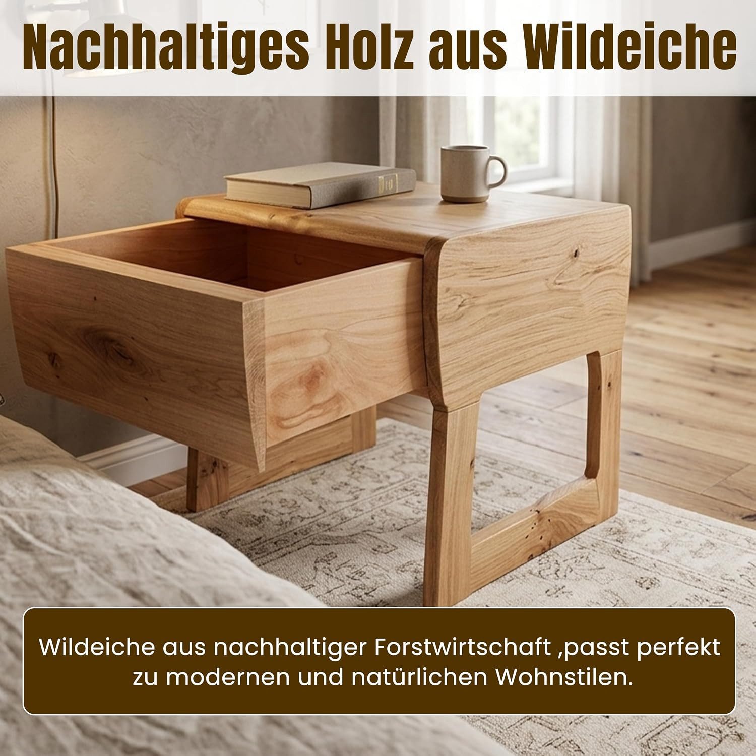 geborgenschlafen Nachttisch aus Massivholz Wildeiche - FLESSA (Nachtschrank - Nachtkommode - Nachtkonsole - Beistelltisch für Schlafzimmer & Wohnzimmer), Handgefertigt in Deutschland
