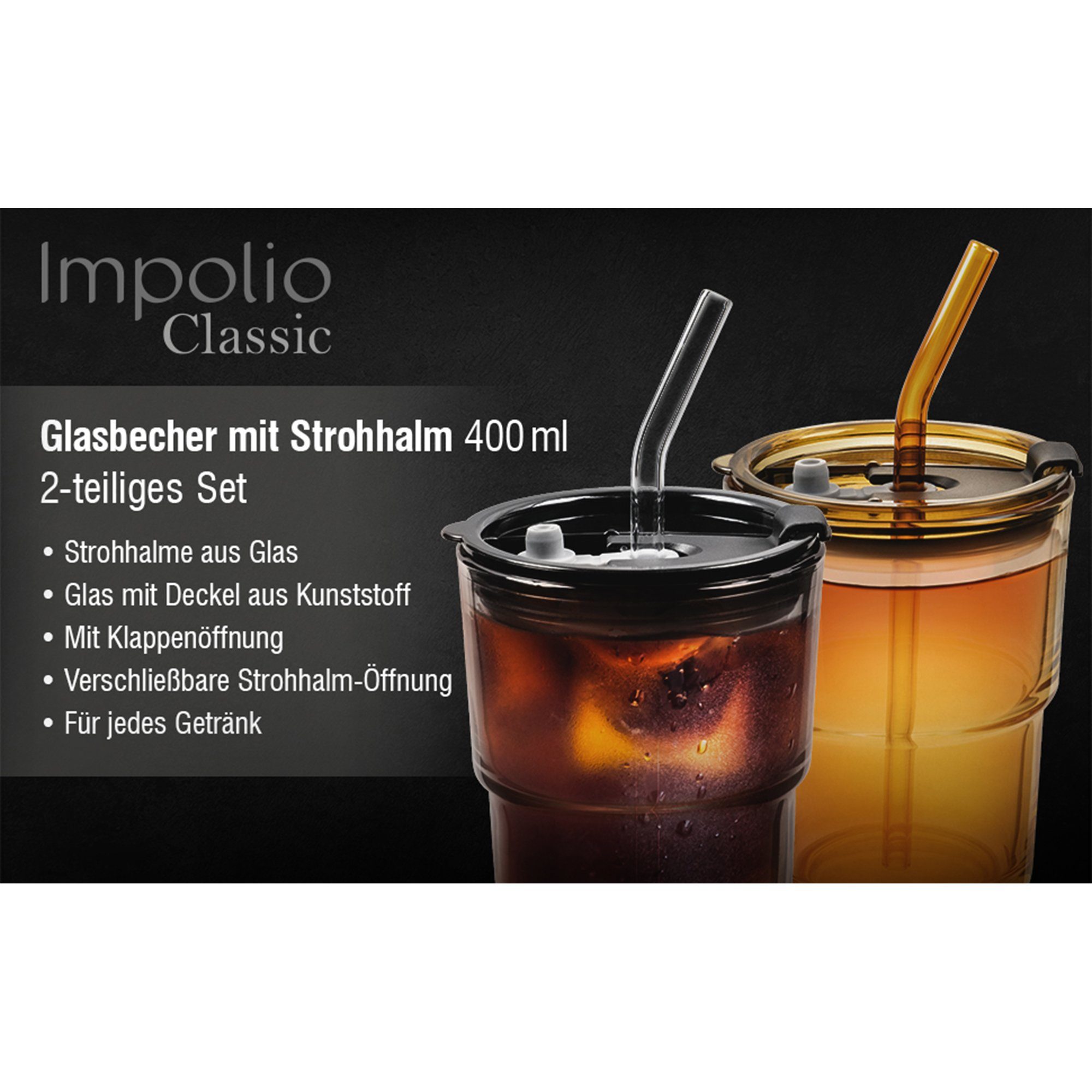 Impolio Strohhalm, 400 mit 2er Set Go ml, Glas Trinkbecher Gläser To Becher Set und Deckel