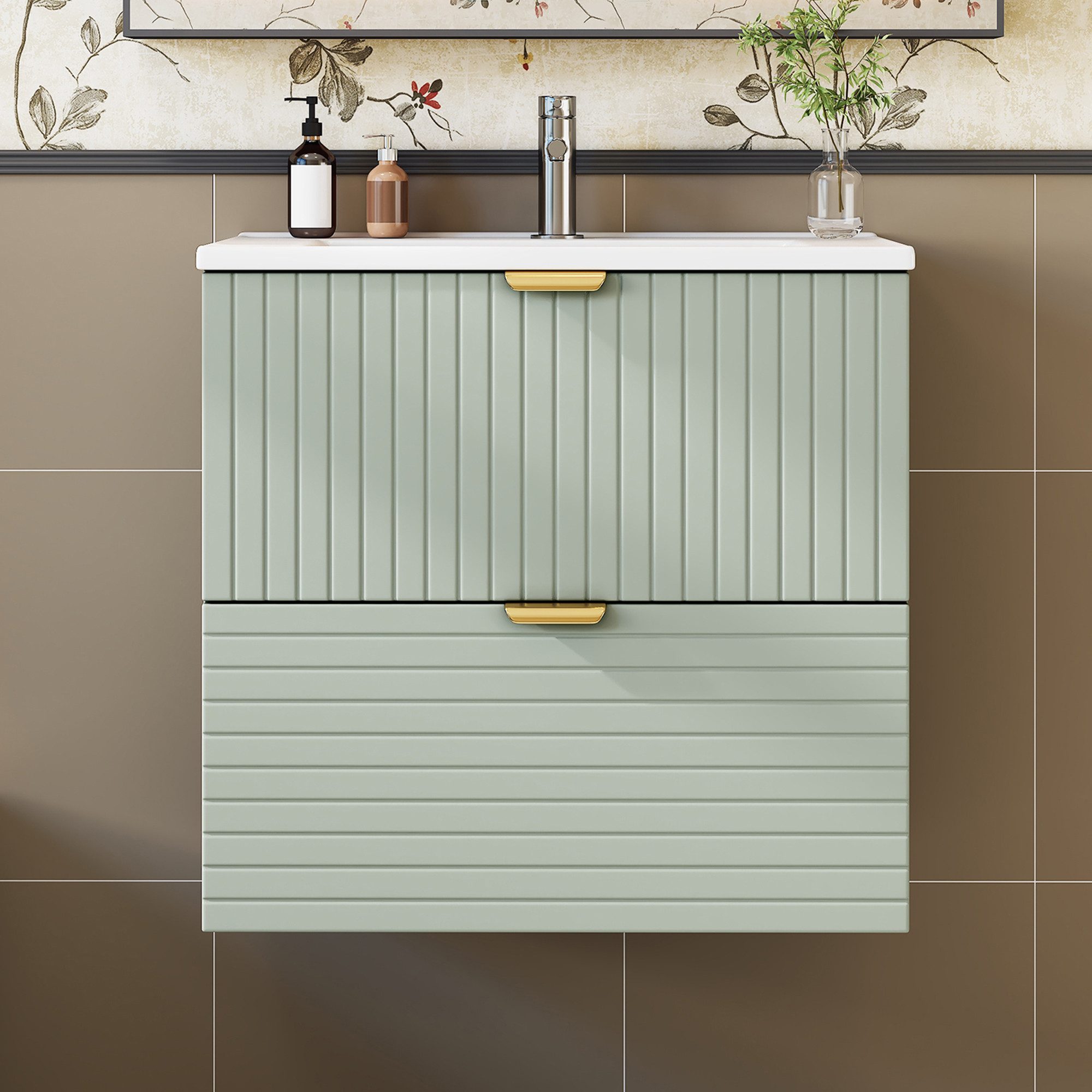 Flieks Waschtisch Waschbeckenunterschrank inkl. glänzende Waschbecken (B61/T46/H57 cm, 1-St., wandhängend, Badschrank aus MDF volllackiert), Badmöbel-Set Badezimmerschrank mit 2 Schubladen Grün