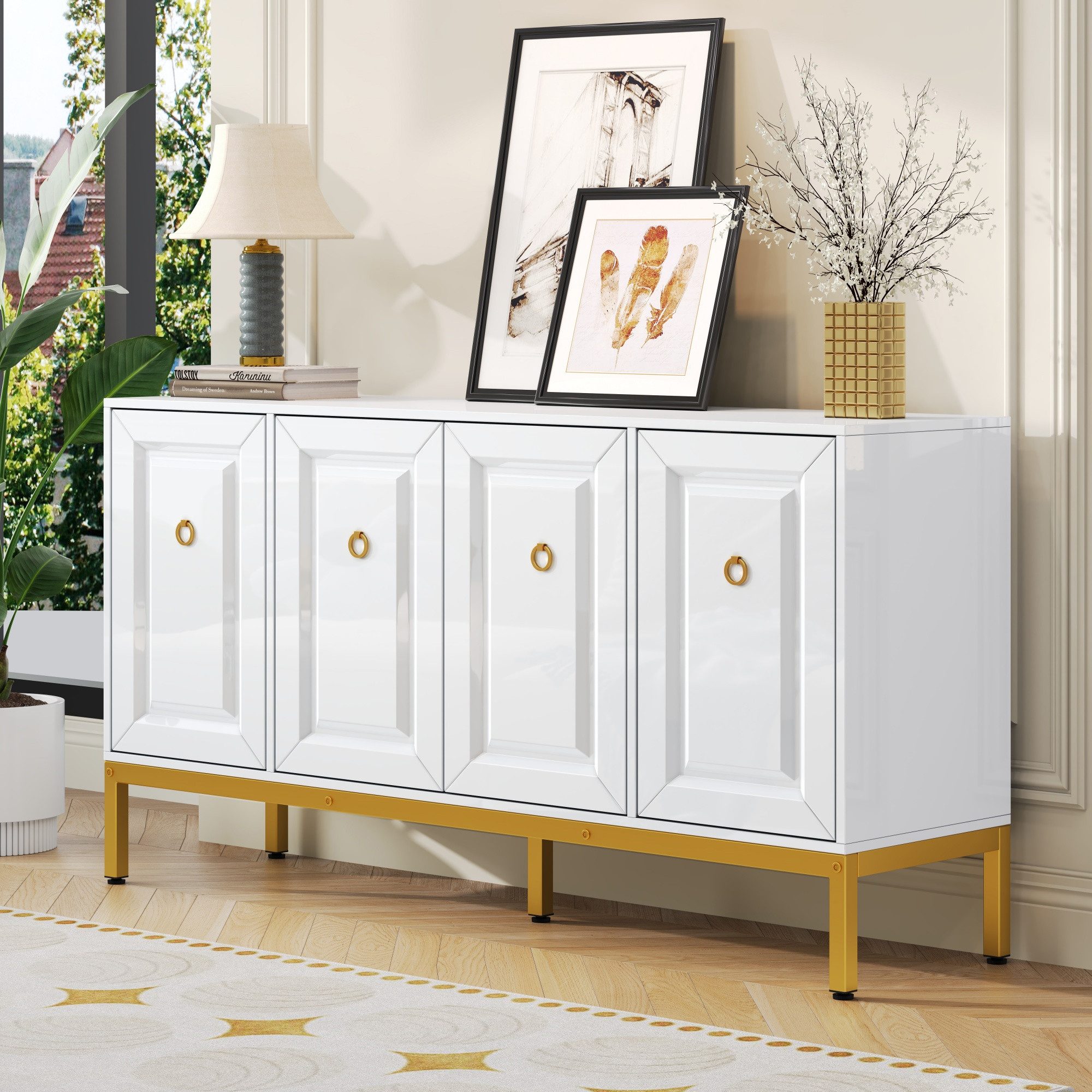 REDOM Sideboard Weiß Gold Kommode Aufbewahrungsschrank (Küchenschränke, Buffetschrank, 1 St., Spanplatte+MDF), mit goldenen Metallbeinen und eleganten Ringgriffen