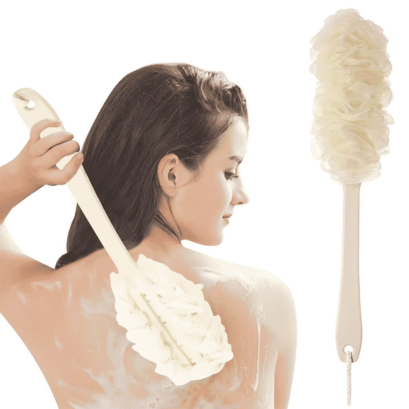 HUGERSTONE Duschschwamm Badeschwamm mit Rutschfest Langen Stiel, Duschbürste mit Aufhängung, Rückenbürste Dusche mit 44cm Griff für Peeling, Massage, Luffaschwamm