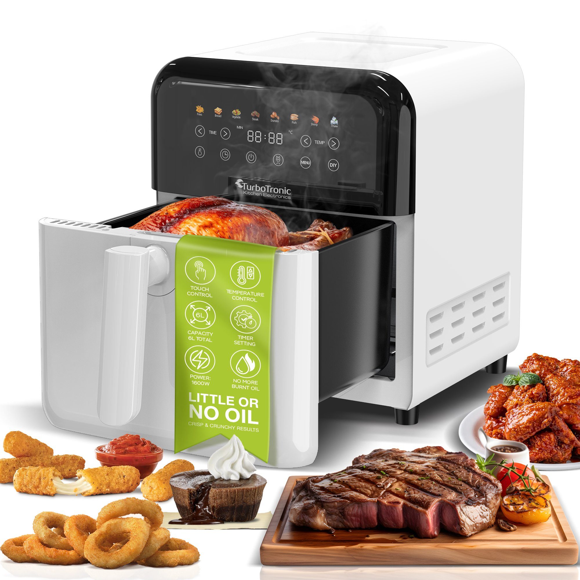 TurboTronic by Z-Line Heißluftfritteuse XXL 2 kg Pommes 1600W 8 Programme Airfryer Heissluftfritteuse Power, 1600 W, Digital Fritteuse Fettfrei 200°C Grill komplett aus Metall Modell 2024
