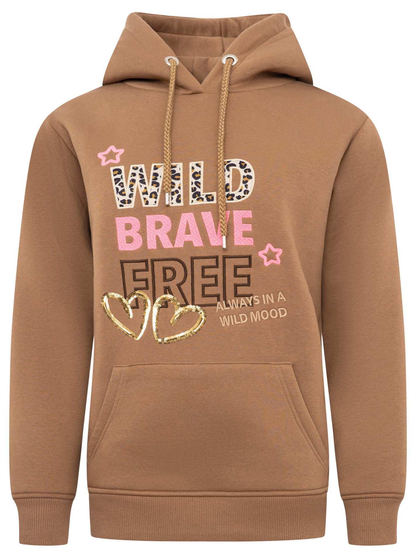 Zwillingsherz Hoodie "Wild Brave Free" gestickter Schriftzug, mit Paillette günstig online kaufen