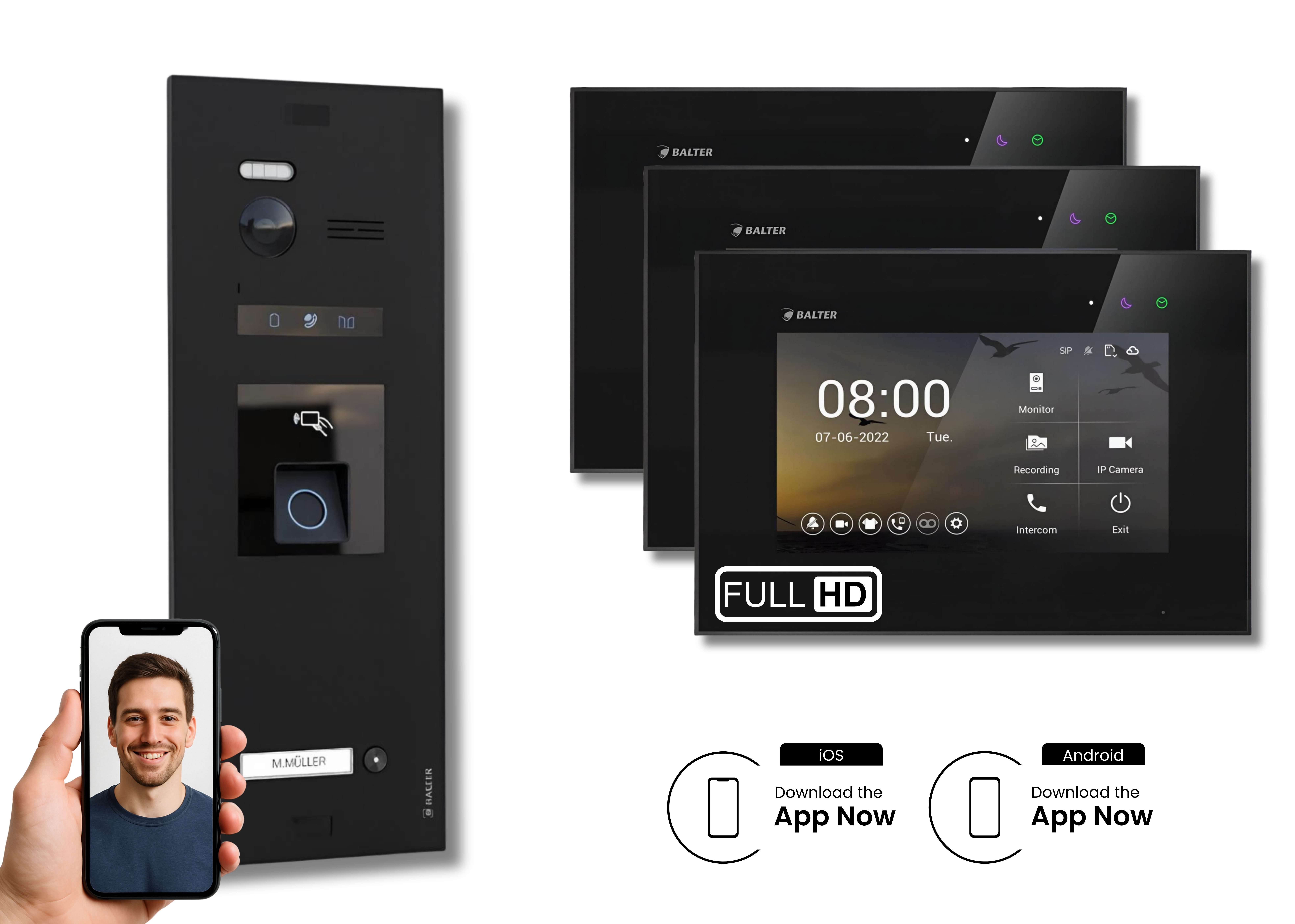 Balter Video-Türsprechanlage BALTER HD WLAN Türsprechanlage FP/RFID EVO 1-Familienhaus Schwarz (Set, 1-Familienhaus, Komplettset, Full HD 175° Kamera, Fingerprint, RFID)