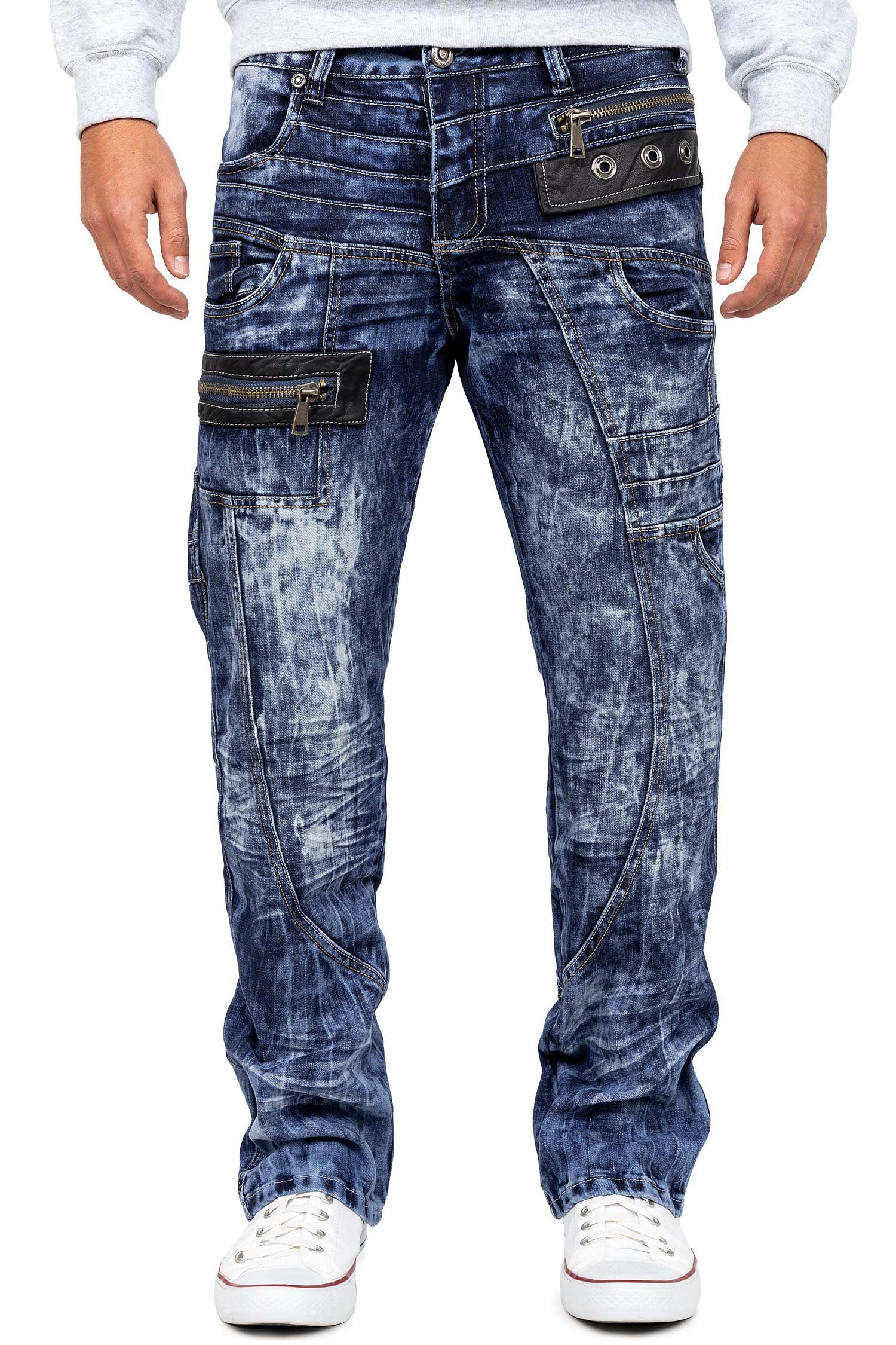 Kosmo Lupo 5-Pocket-Jeans Auffällige Herren Hose BA-KM012 Blau W32/L32 (1-tlg) extravagante Bluejeans mit Kunstleder Bereichen