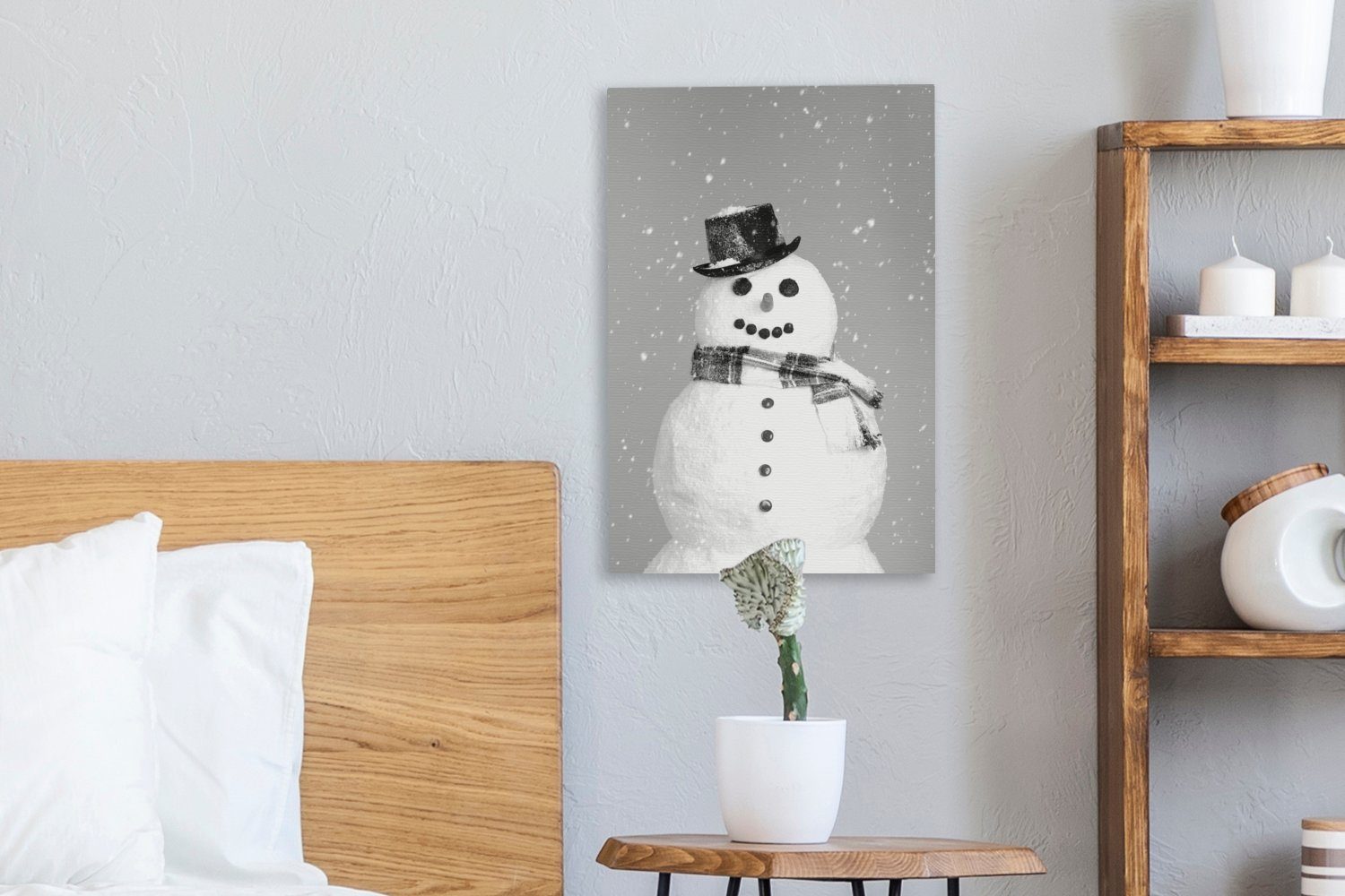 OneMillionCanvasses® Leinwandbild Ein Schneemann (1 glücklicher weiß, bespannt fertig schwarz Weihnachten Gemälde, inkl. Zackenaufhänger, 20x30 cm St), Leinwandbild und zu 