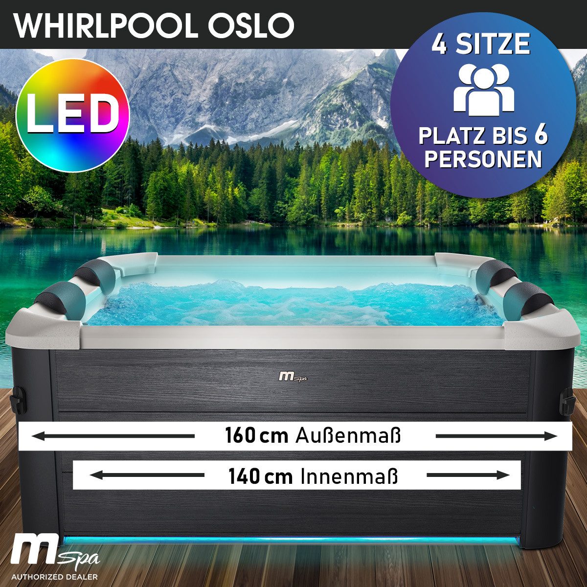 BRAST Whirlpool MSpa Oslo, Sapphire & Amber mit Fester Außenwand, (160x160x65cm, 3 Modelle, LED-Beleuchtung, 6 Personen), Ganzjähriger Einsatz Winterfest