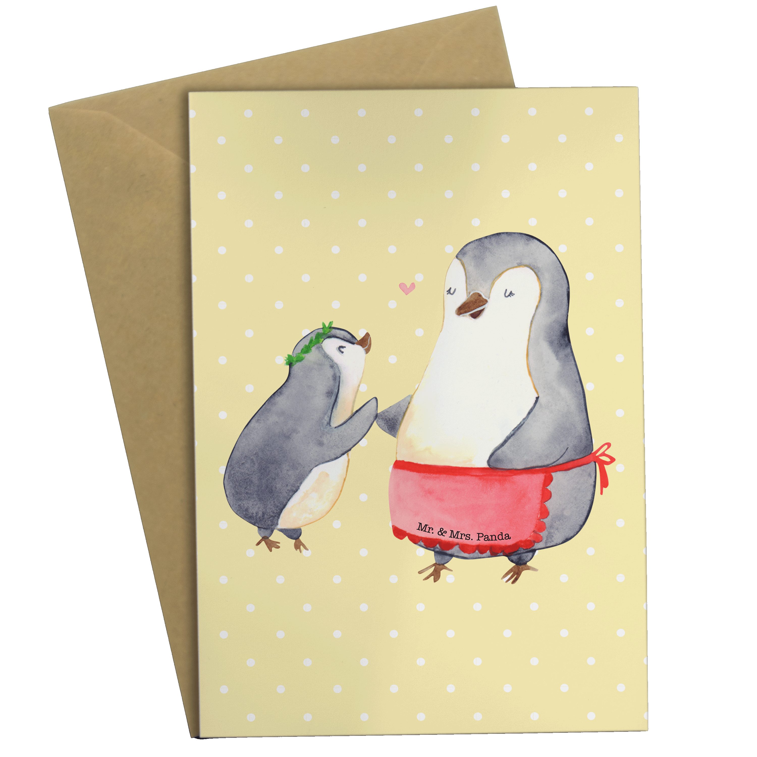 Mr. & Mrs. Panda Grußkarte Pinguin mit Kind - Gelb Pastell - Geschenk, Familie, Danke Mama, Einl