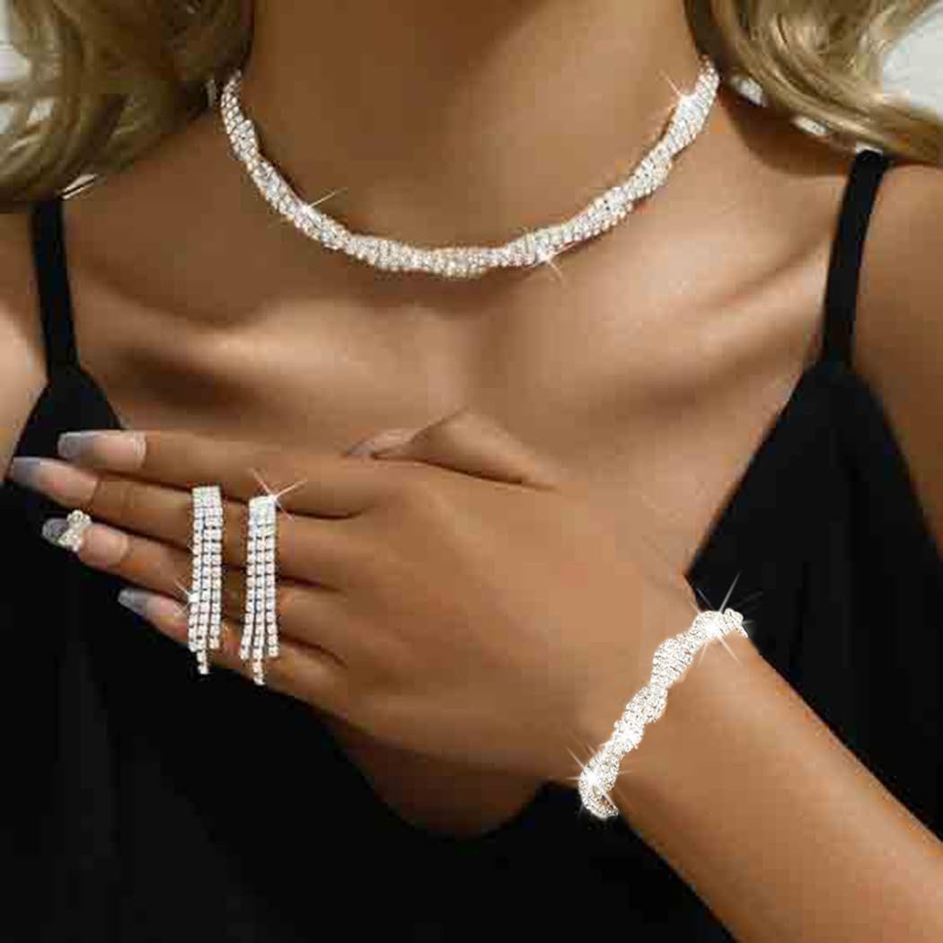 Bextsrack Schmuckset Damen Schmuckset 3-teilig, Braut Strass Schmuckset, (3-tlg), Armband Halskette Ohrringe, Hochzeitsschmuck Set