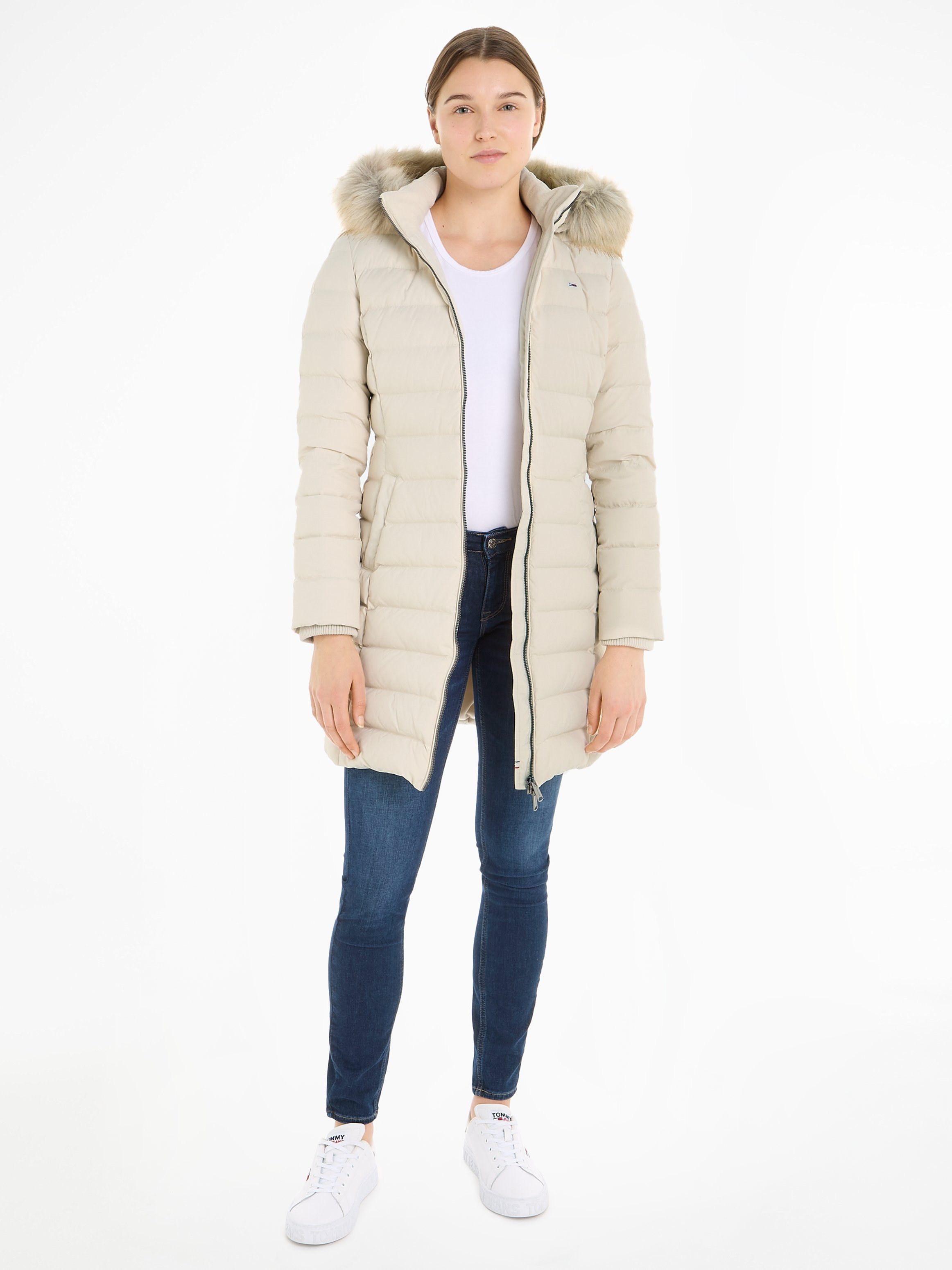 Tommy Jeans Daunenmantel TJW ESSENTIAL HOODED DOWN COAT mit abnehmbarem Fellimitat an der Kapuze Newsprint