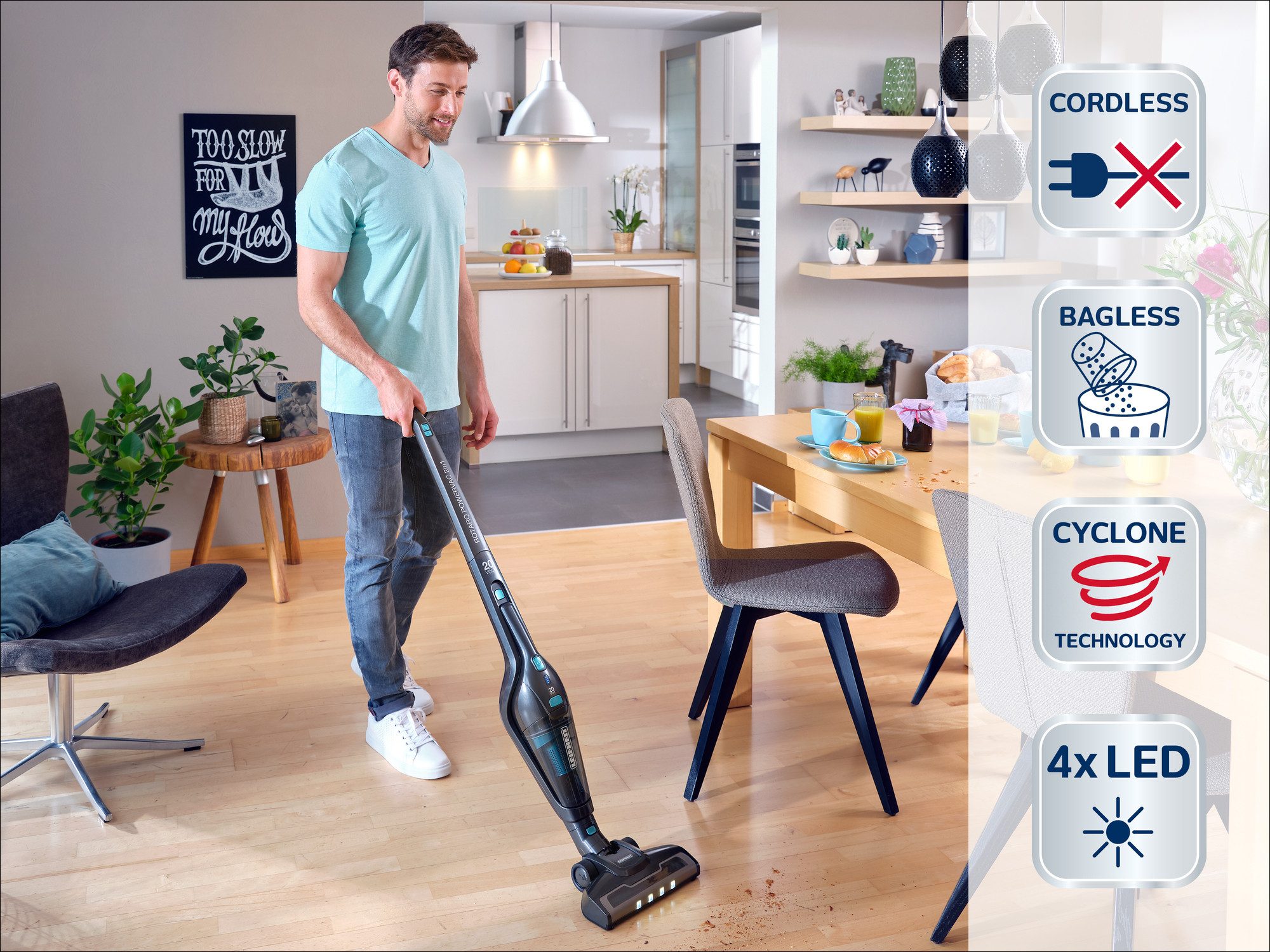 Leifheit Akku-Stielstaubsauger Rotaro PowerVac 2in1 20 V, 100 W, Boden- und Handsauger, bis 40 Minuten Laufzeit, kabellos, beutellos