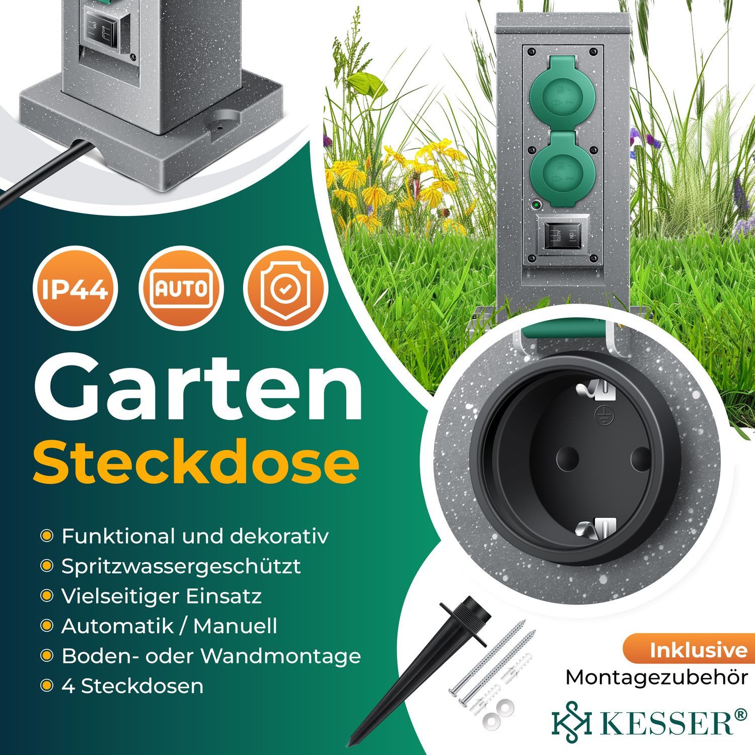 KESSER Gartensteckdose, Gartensteckdose Steinoptik mit Steckplätzen Inkl.Erdspieß