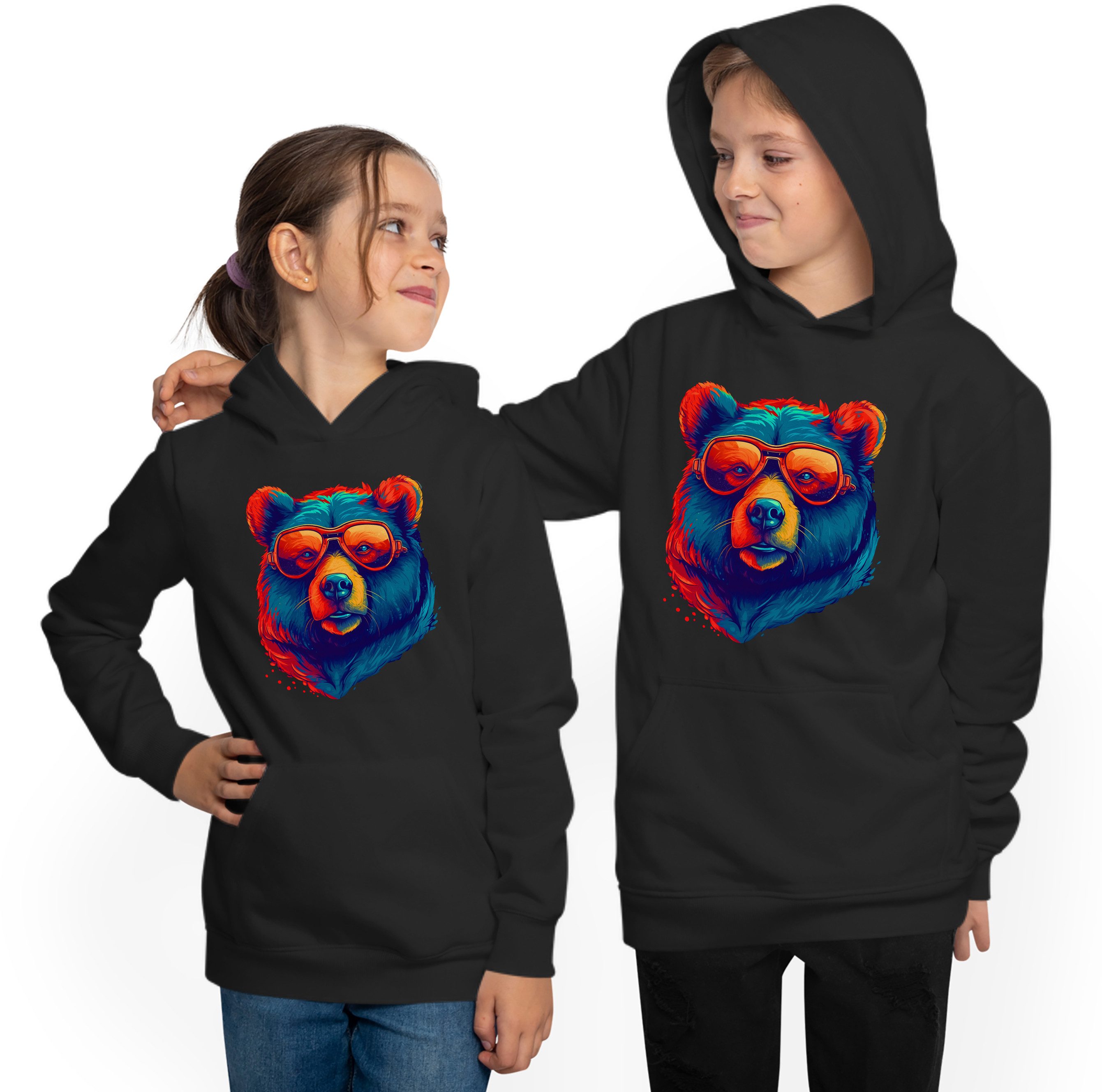 MyDesign24 Kapuzensweatshirt Kinder Hoodie - Kapuzenpulli stylischer Bär mit Brille Kapuzensweater cooler Bären Hoodie i653