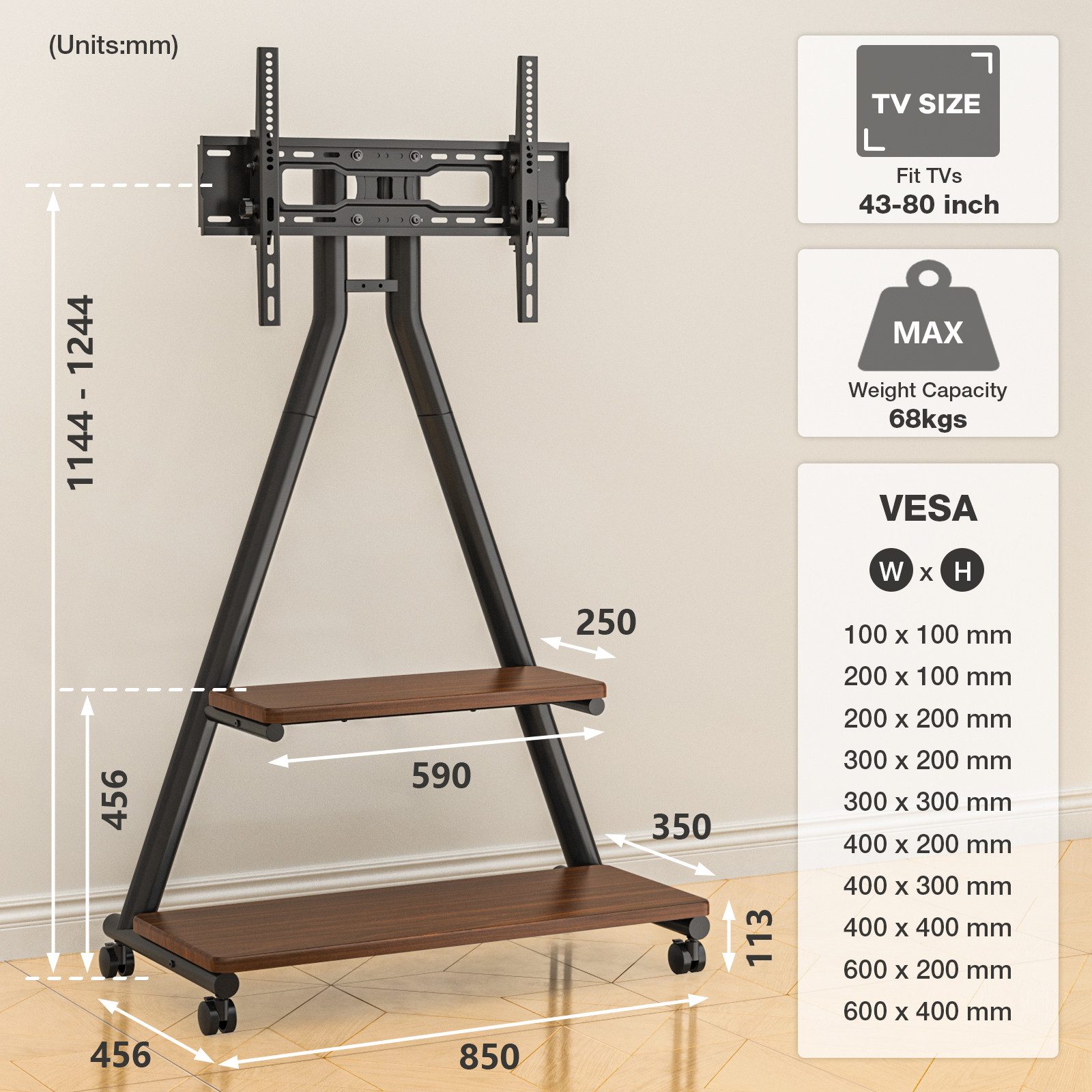 TVON TV-Ständer Rollständer für Fernseher Höhenverstellbar für 32-80 Zoll Fernseher, (bis 80 Zoll, 1-tlg., bis zu 68 KG Max. VESA 600 x 400 mm)